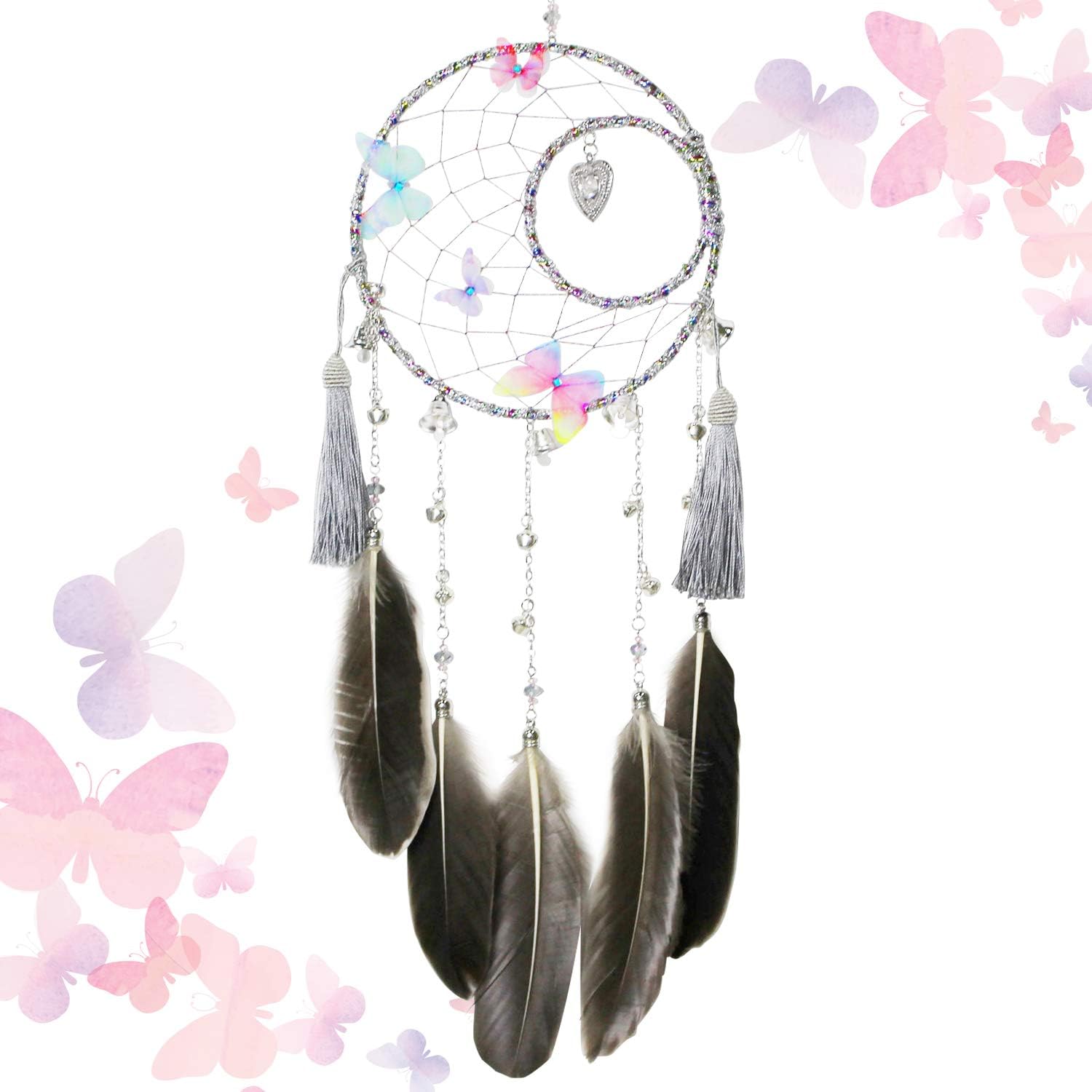 SIKEMAY Butterfly & Bells Dream Catcher - Handmade Exquisite Feather Beaded Large Dream Catchers for Kids/Cars/Bedroom - Indians Traditional Art Wall Hanging Home Decoration