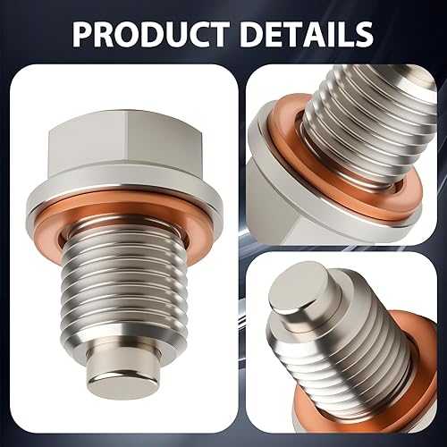 Miniatura 7 de Tapón de drenaje de aceite magnético de acero inoxidable M14 x 1.5, tuerca perno de drenaje del cárter con junta de cobre y arandela aplastante