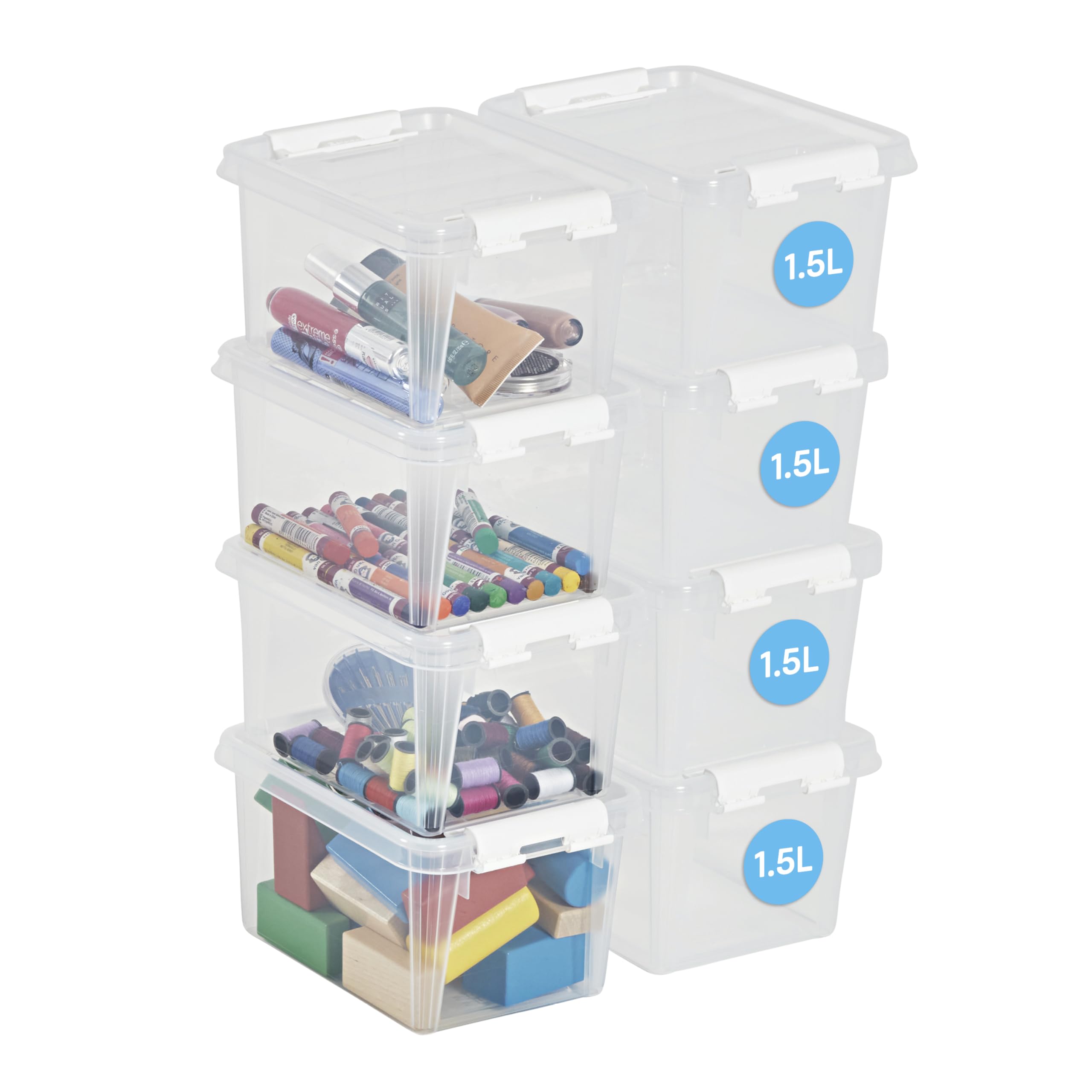 SmartStore cajas de almacenamiento trasparente de plástico de 1.5L con tapas - Juego de 8 - Apilables y encajables - Garantía de 10 Años - Seguras para Alimentos- Cierre con Clips L20 x An15 x Al11cm
