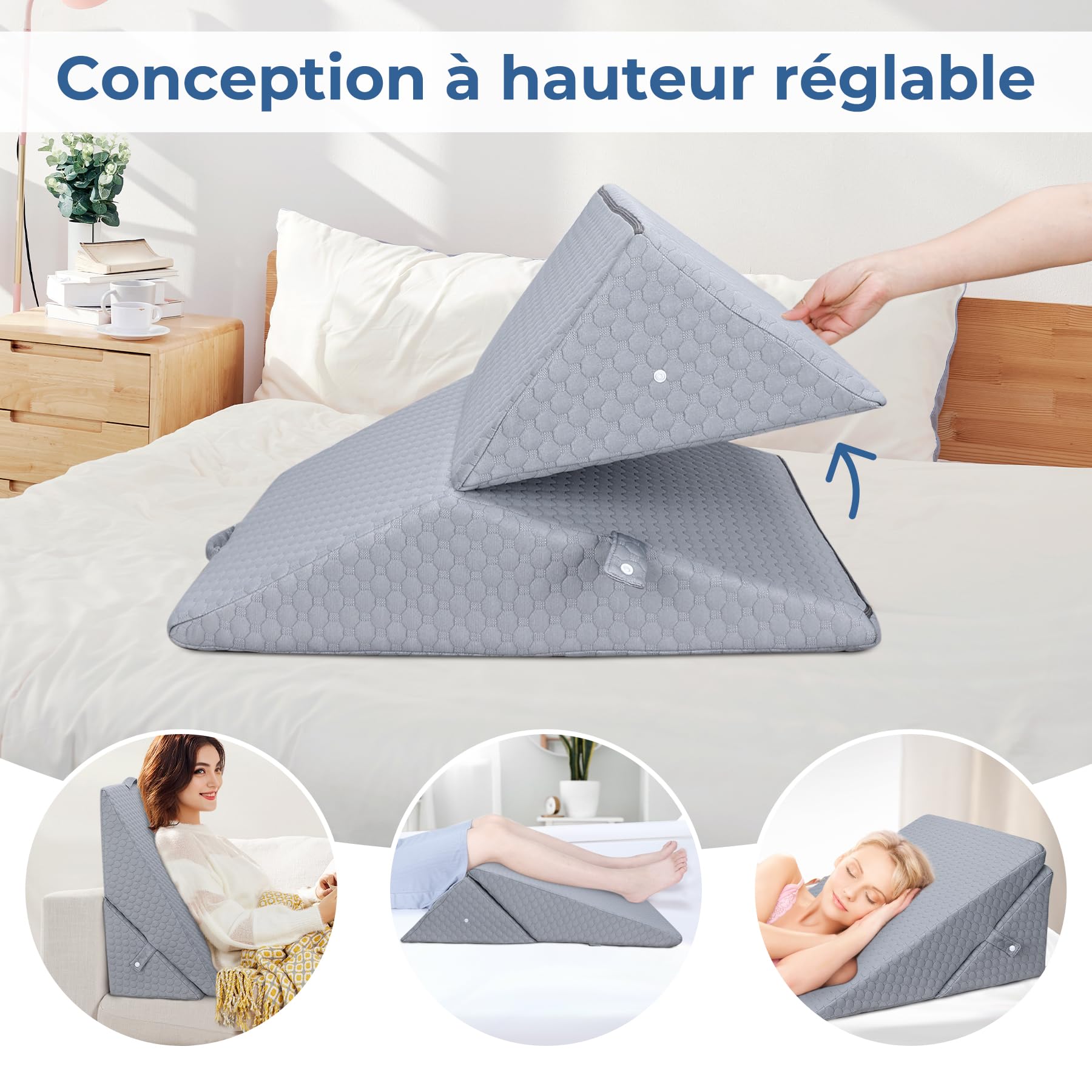 INFANZIA Coussin incliné pour lit, Coussin de Coin, Oreiller Triangle Pliable en mémoire de Forme pour l'apnée du Sommeil, Reflux Acide (Gris)