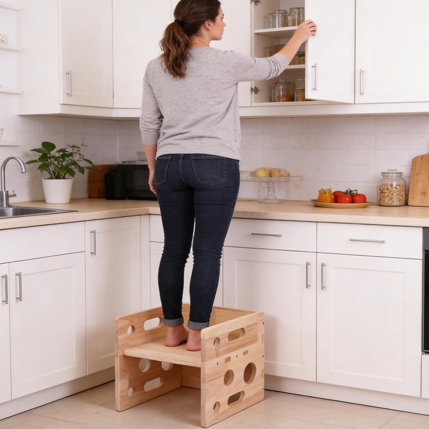 QZM Wooden Step Stool, Square Two Step Stools for Toddler 300 lbs Capacity with Safety Non-Slip Pads and Handles for Bathroom, Kitchen Dual Height for Kids, Natural