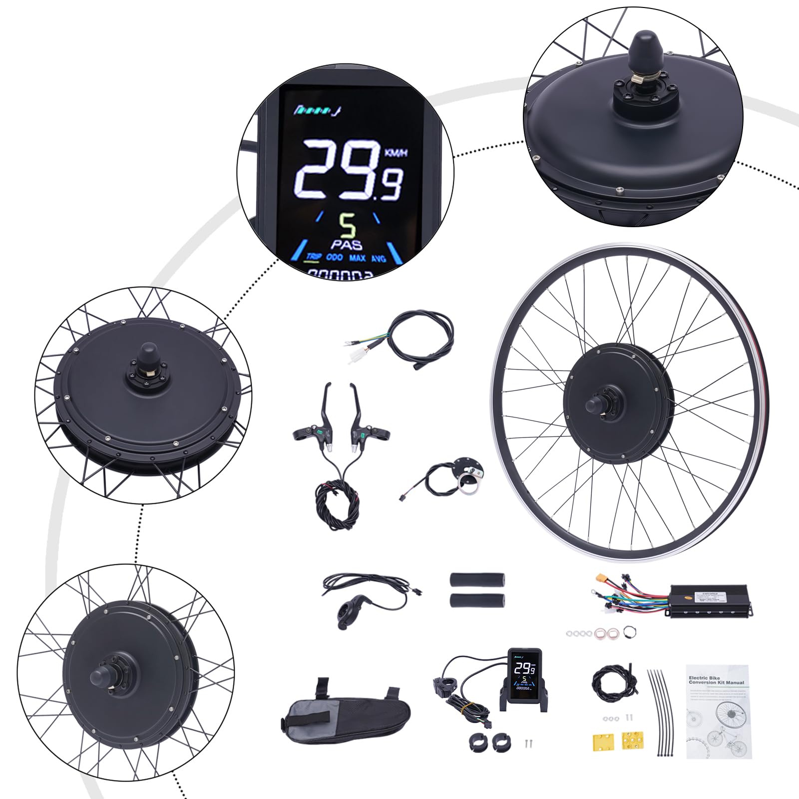 28/29 Zoll 700C Elektrisches Fahrrad Umbausatz 48V 1000W E-Bike Vorderrad Elektrofahrrad Bausatz Electric Motor Bike Conversion Kit 5-Gänge Gangverstellung