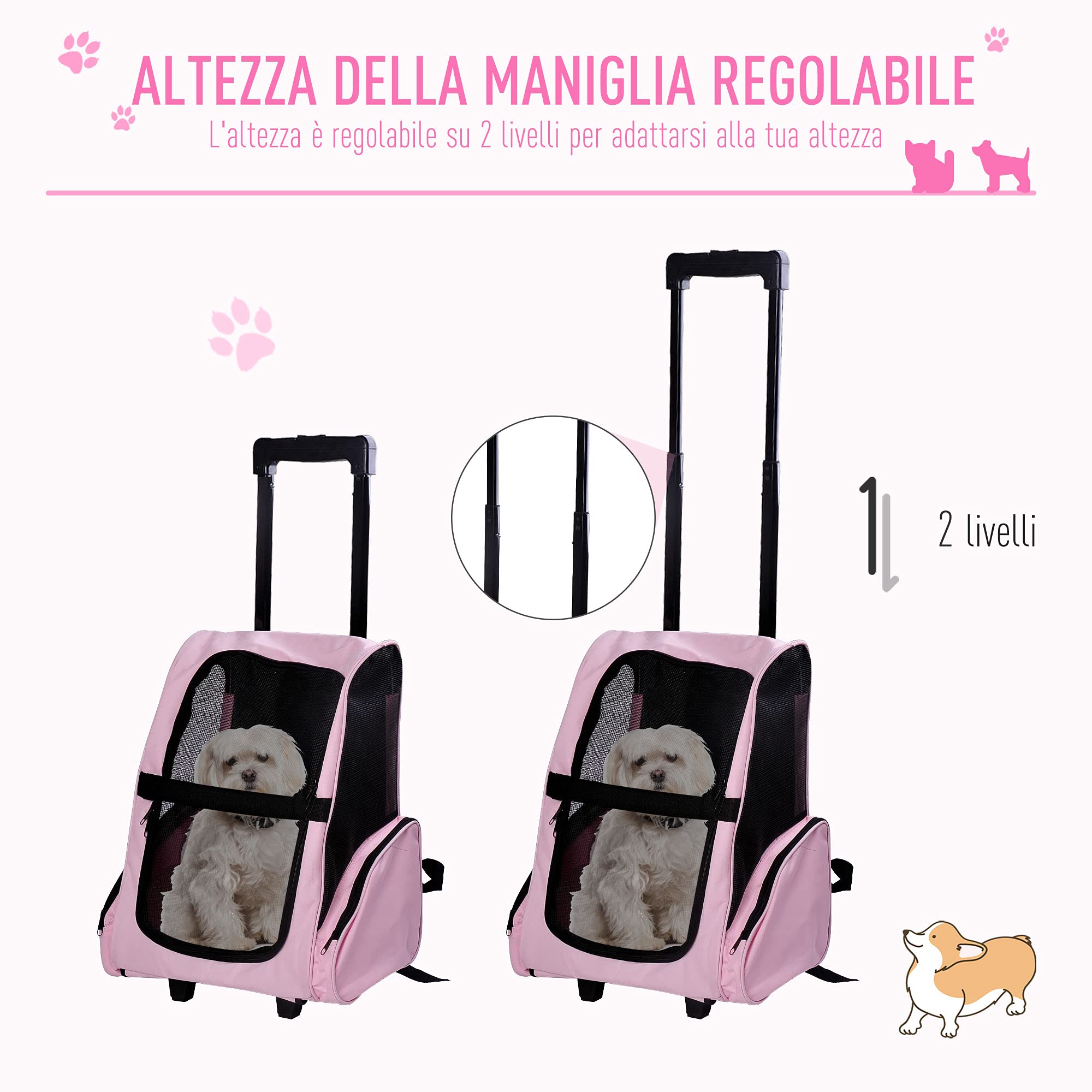 PawHut Trasportino Zaino 2 in 1 per Cani e Gatti, 42x25x55cm, Rosa