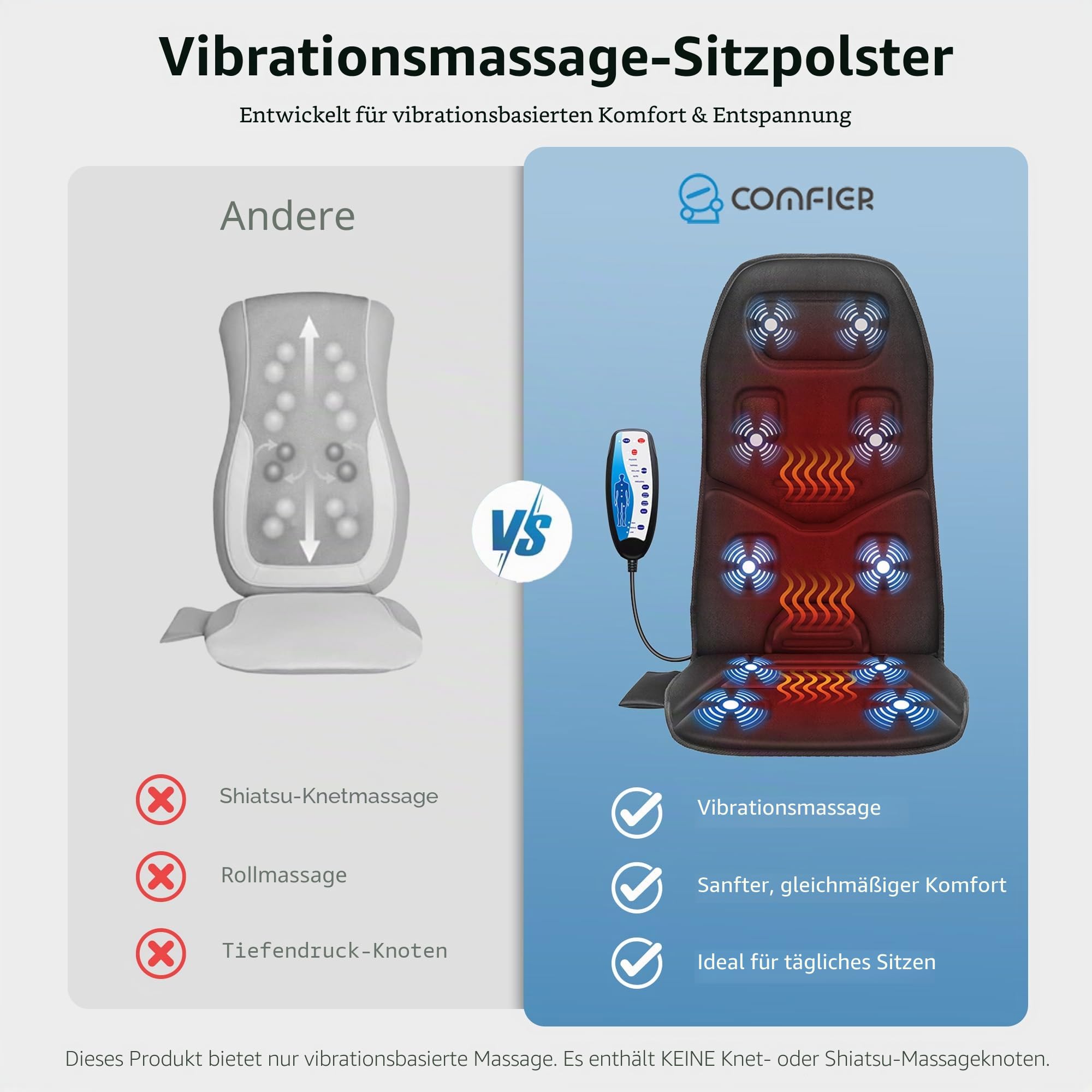 COMFIER Massagesitzauflage mit Wärme - 10 Vibrationsmotoren, Rückenmassagegerät für Stühle, Massagematte für Rücken, Geschenke für Männer/Frauen/Mama/Papa