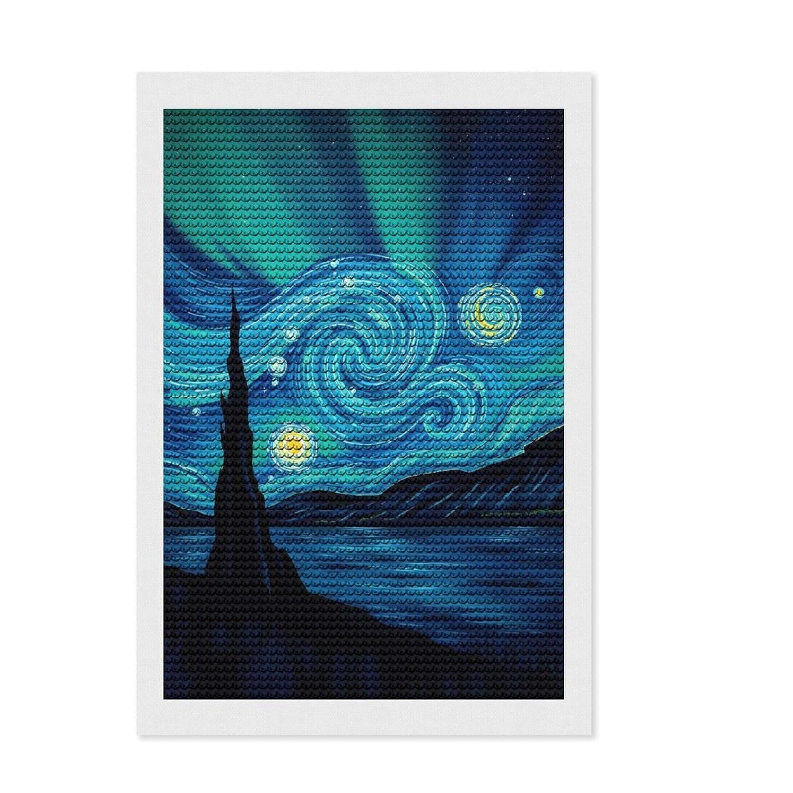 Junmoney Starry Night Aurora Diamond Painting Canvas Set 8"x12", Printed Canvas, Complete Accessories, Living Room Decor, for Craft Lovers