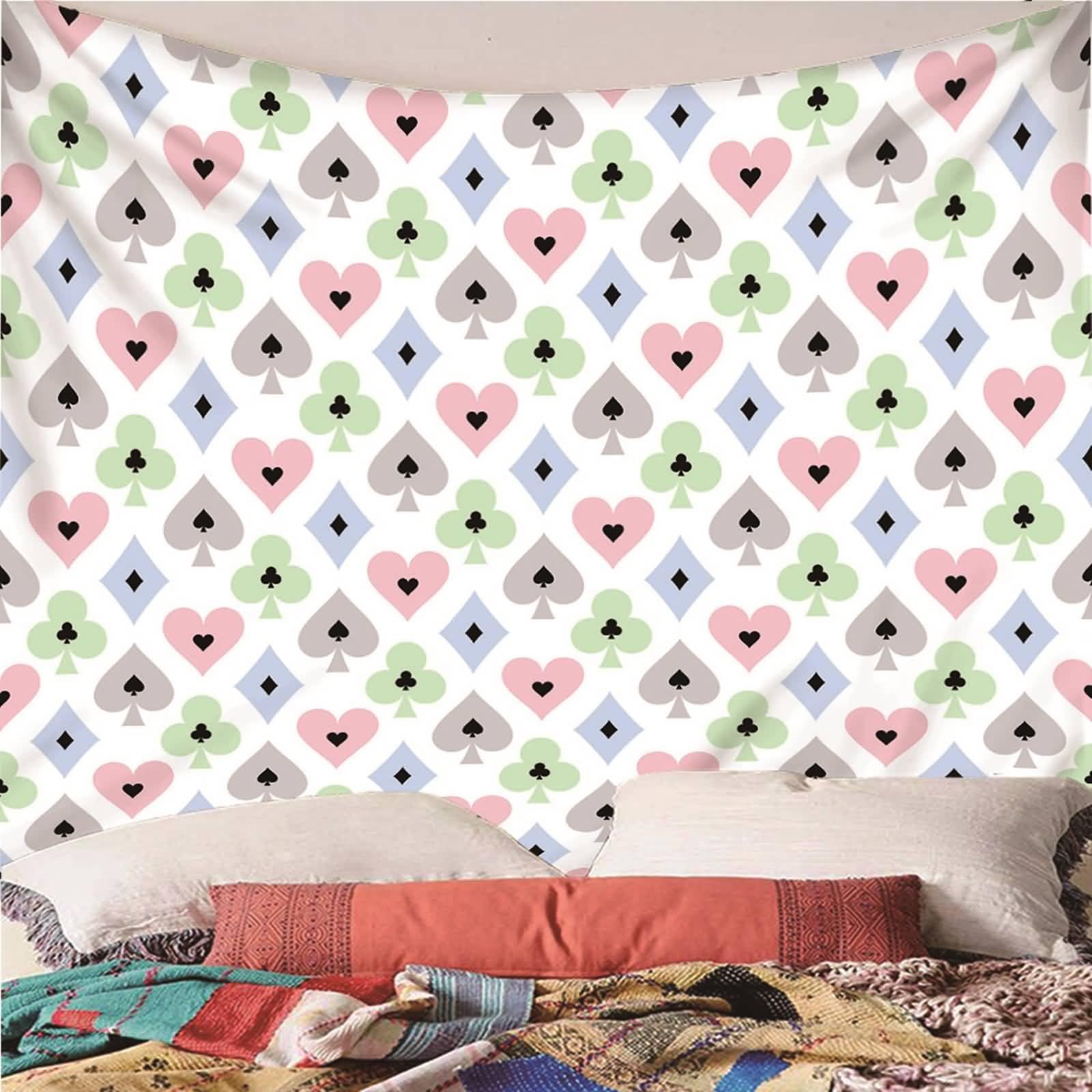 Tappeto Parete Camera da Letto, 350 x 256 cm Modello di Carte da Gioco Coperta per Camera da Letto Soggiorno Dormitorio Decorazione da Parete, Rosa Verde Grigio