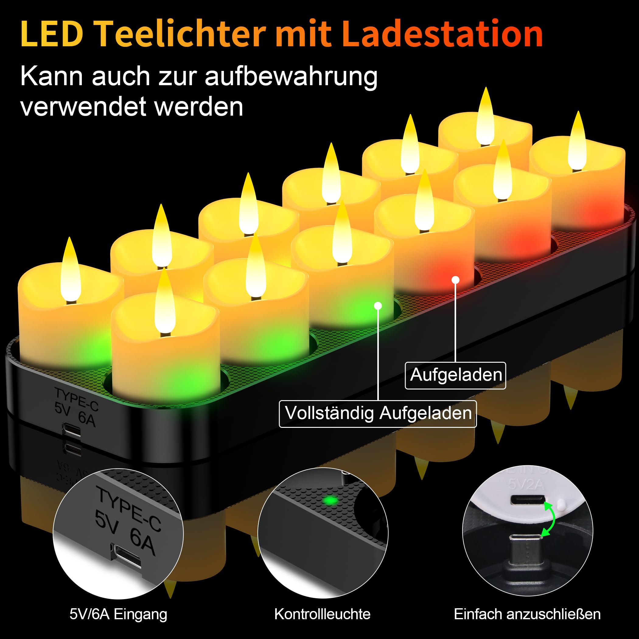 daphomeu Oplaadbare led-theelichtjes, 12 stuks, vlamloos theelicht met