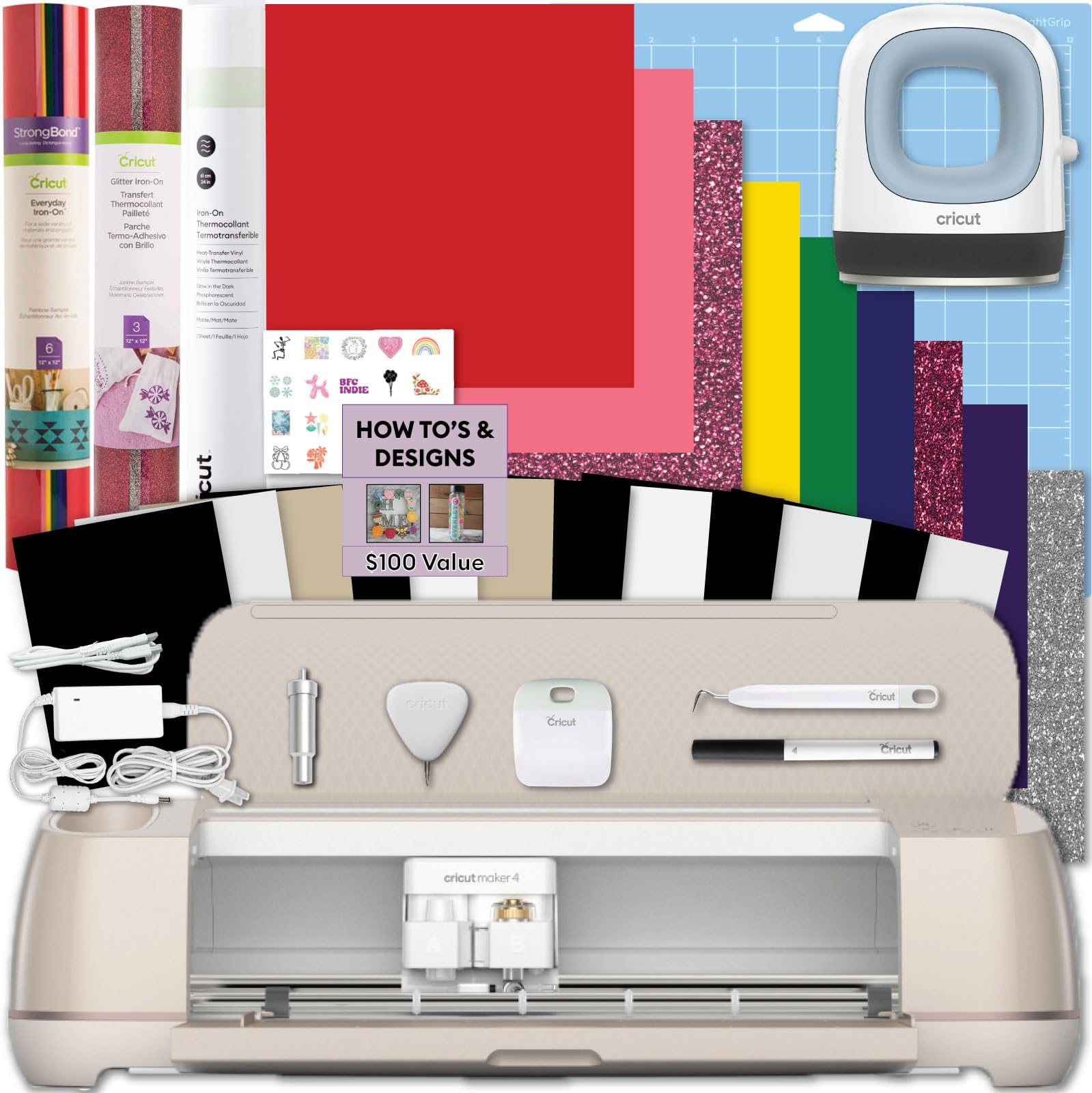 Cricut Maker 4 & Mini Heat Press Bundle - Cutting Machine & Heat Press with Heat Transfer Vinyl, Beginner Kit for DIY Apparel, Tote Bags, HTV Projects