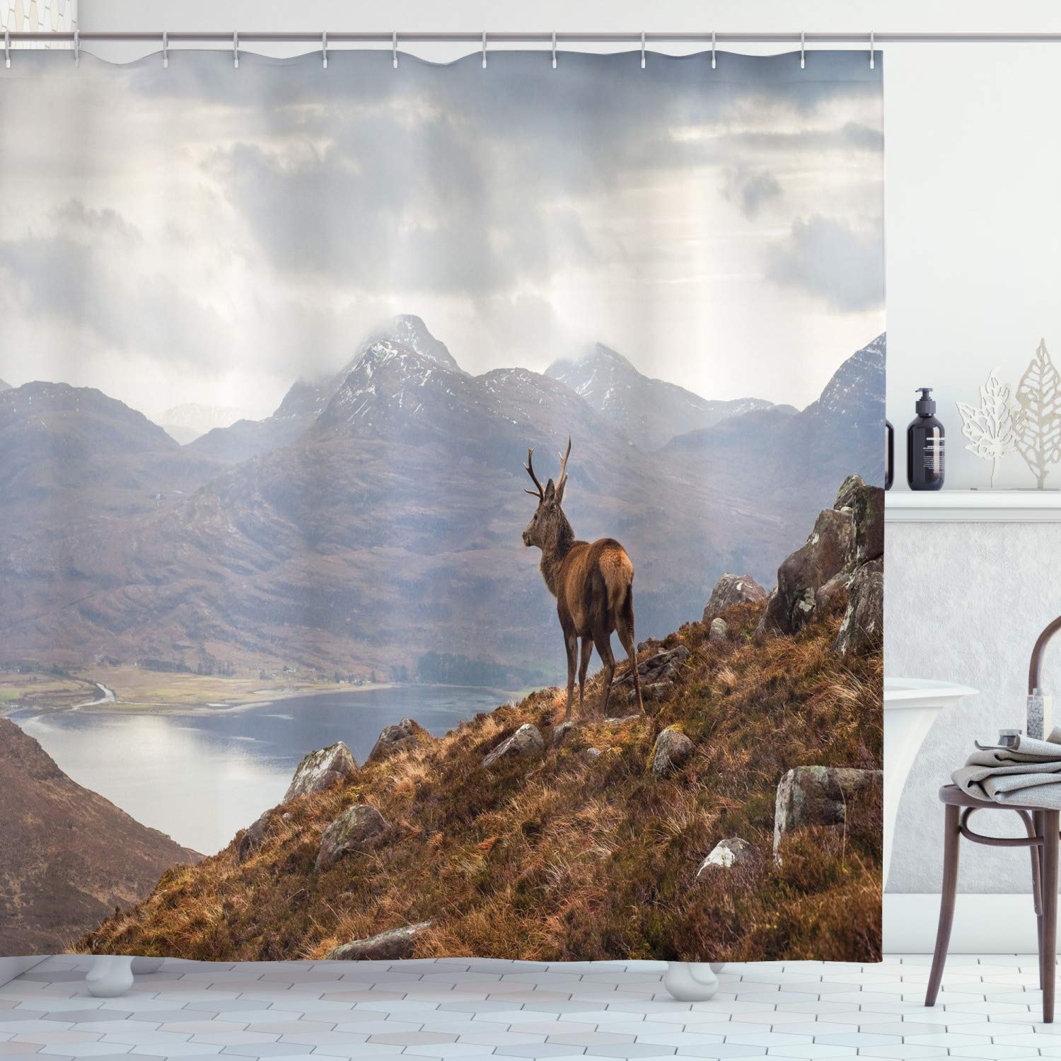 ABAKUHAUS Deer Shower Curtain, Wild Stag Overlooking Loch Torridon and Dramatic Western Ross Mountain Nature View, Cloth Fabric Bathroom Decor Set with Hooks, 70 Inches, Brown White — image 1