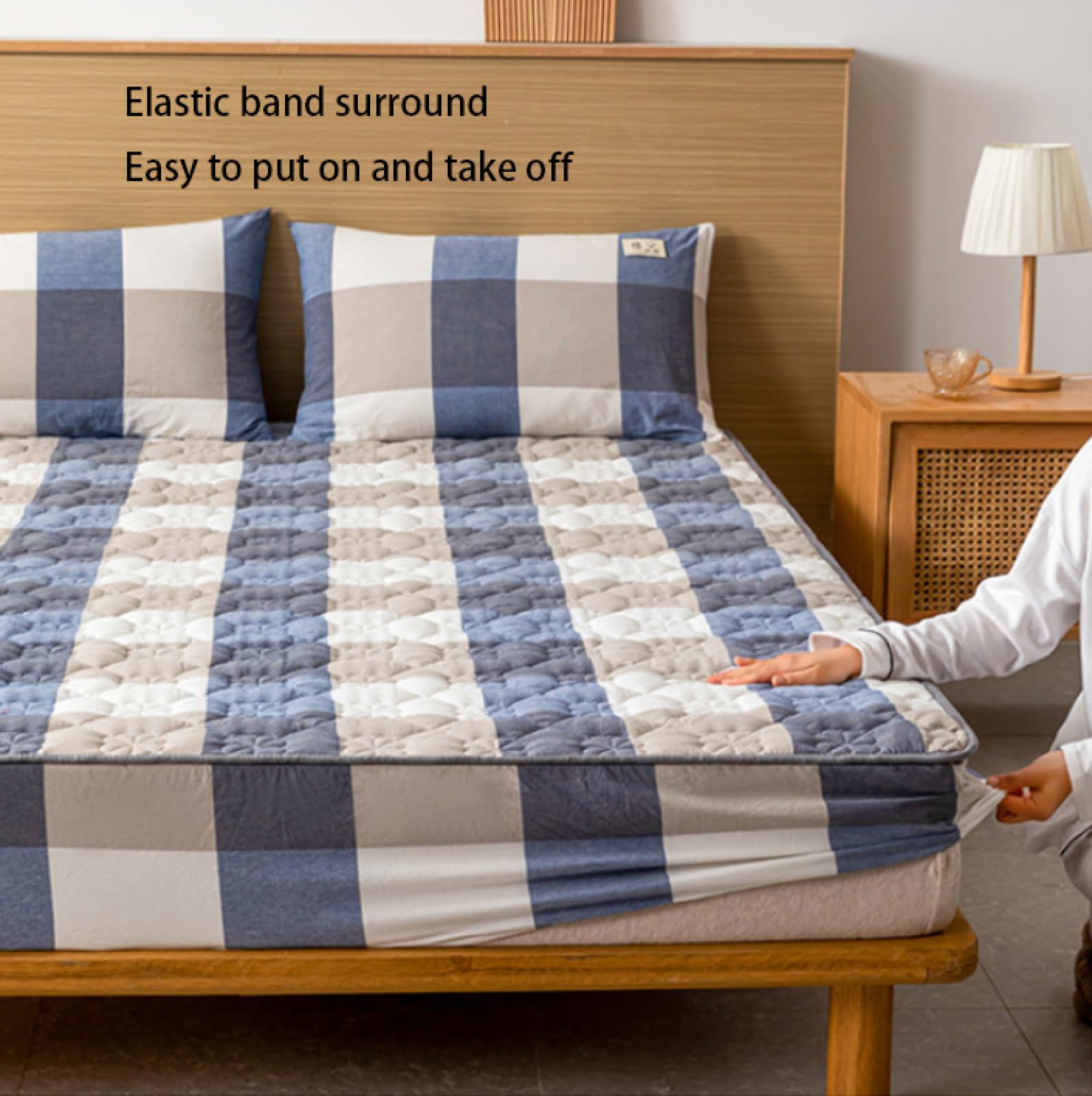 FCLDESHOP Drap de Lit Protège Matelas,Draps-Housses matelassés en Coton,Couvre-lit à Carreaux antidérapants, Doux pour la Peau, pour Chambre à Coucher, Maison de Vacances, Kaki, 180 x 200 cm + 26 cm