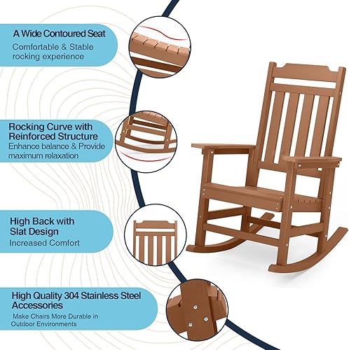 Miniatura 5 de Juego de 4 Sillas Mecedoras, Mecedora de Porche Exterior de Madera Sintética Resistente a Todas las Condiciones Climáticas, Sillas Mecedoras para