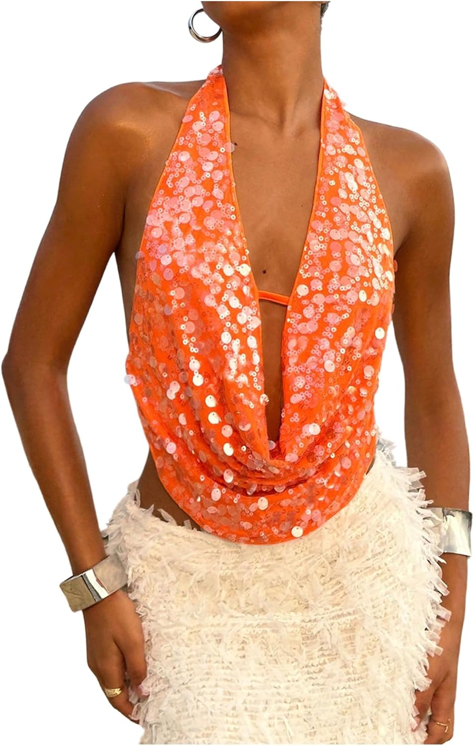 SOLY HUX Women's Sequin Glitter Halter Crop Tank Top Sparkly Backless Deep Cowl Neck Going Out Vest Clubwear