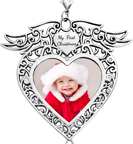 My First Christmas Marco de fotos de metal con forma de corazón para árbol de Navidad, adorno colgante de Navidad, marco de fotos de metal, colgante