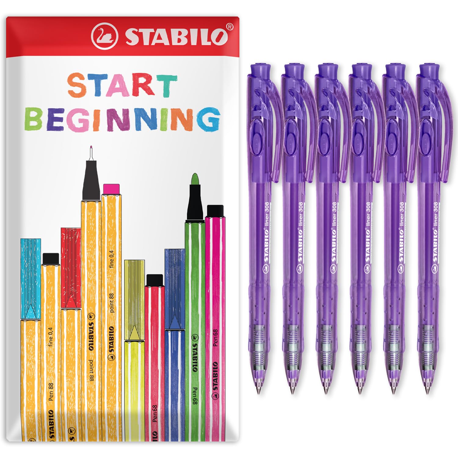 STABILO liner 308 - Retractable Ballpoint Pen - Fine 0.7mm Nib Pens - Envelope Gift Pack of 6 (Violet)