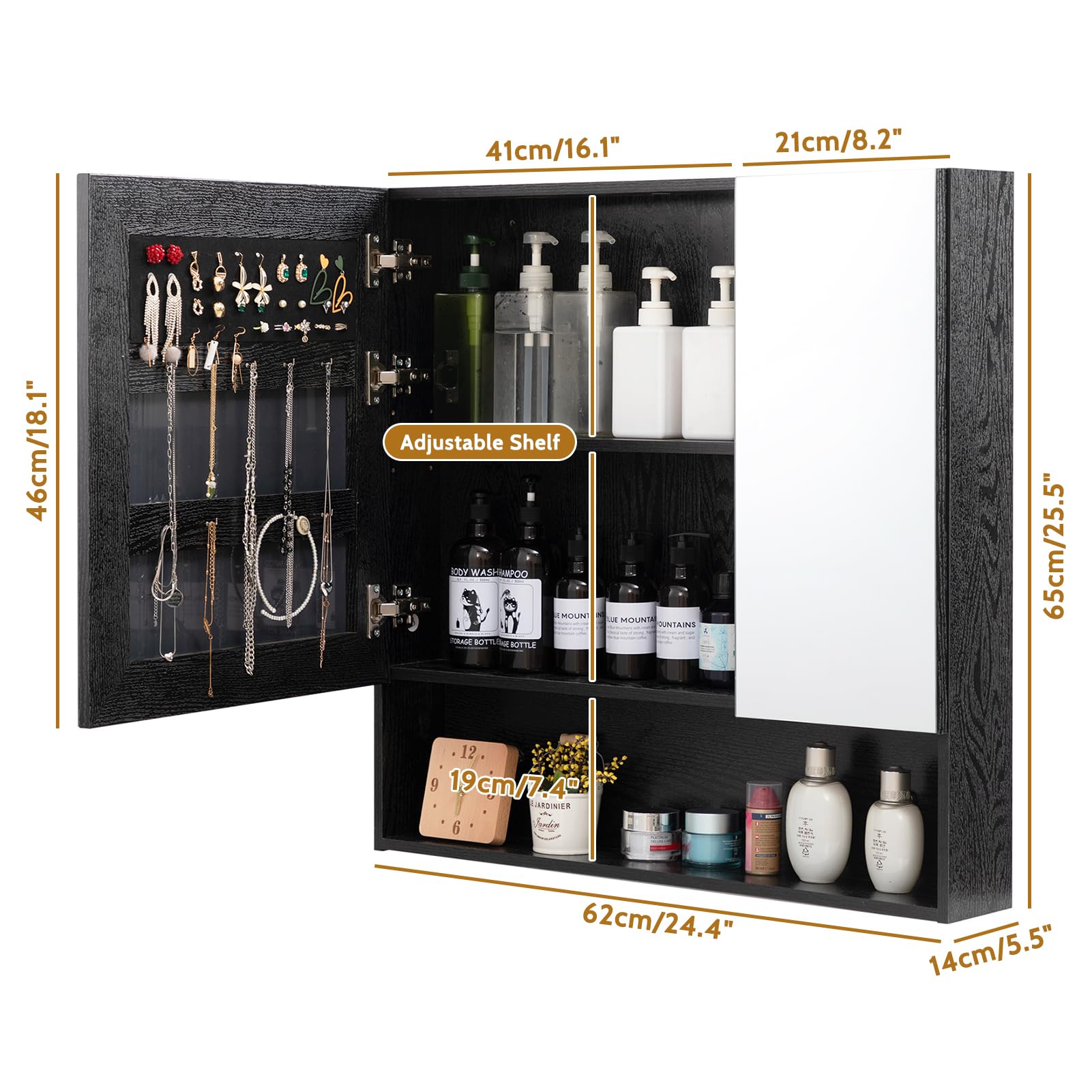 HollyHOME Armario de baño con espejo organizador de joyas, armario de almacenamiento de 2 puertas de espejo montado en la pared con estante ajustable, 62 pulgadas de ancho x 14 pulgadas de profundidad