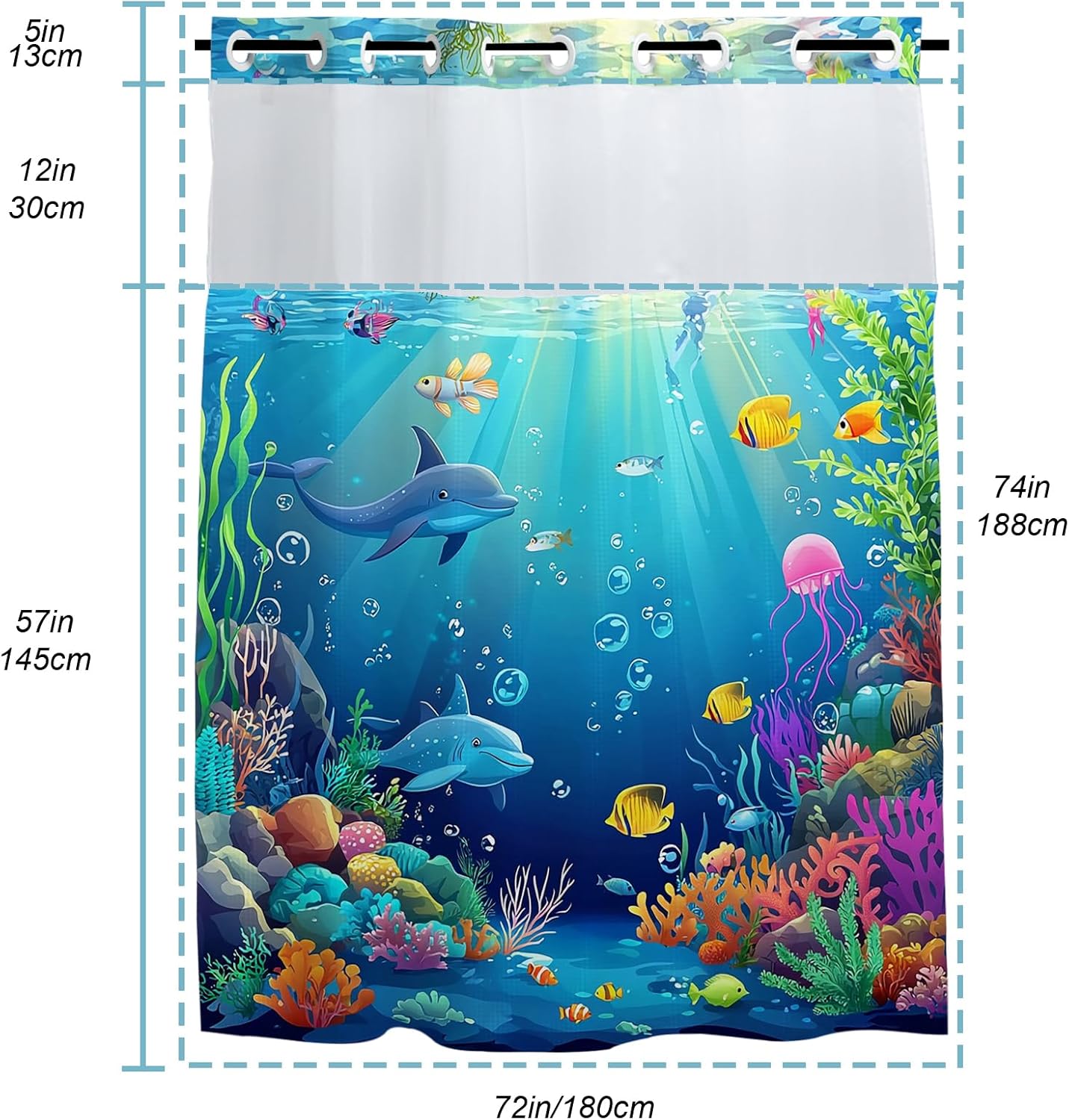 Funny Ocean Shower Curtain for Bathroom, Waterproof Waffle Fish Tropical Coral Shower Curtain with Snap in Fabric Liner Set, Heavy Duty Shower Curtains Hotel Spa Luxury Polyester 72Wx74H No Hook