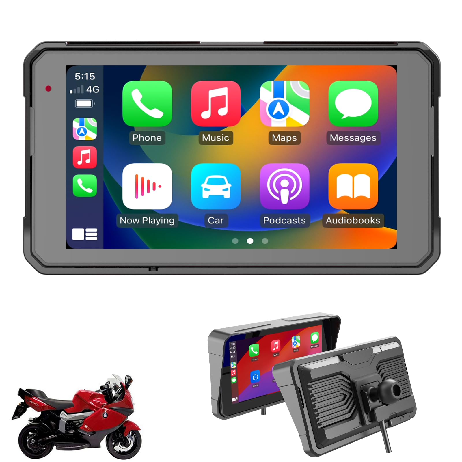 Sunweyer 5-Zoll Motorrad-Touchscreen, Tragbares Navigationsgerät mit Kabellosem CarPlay & Android Auto, GPS-Navigation, Dual-Bluetooth, IP68 Wasserdicht