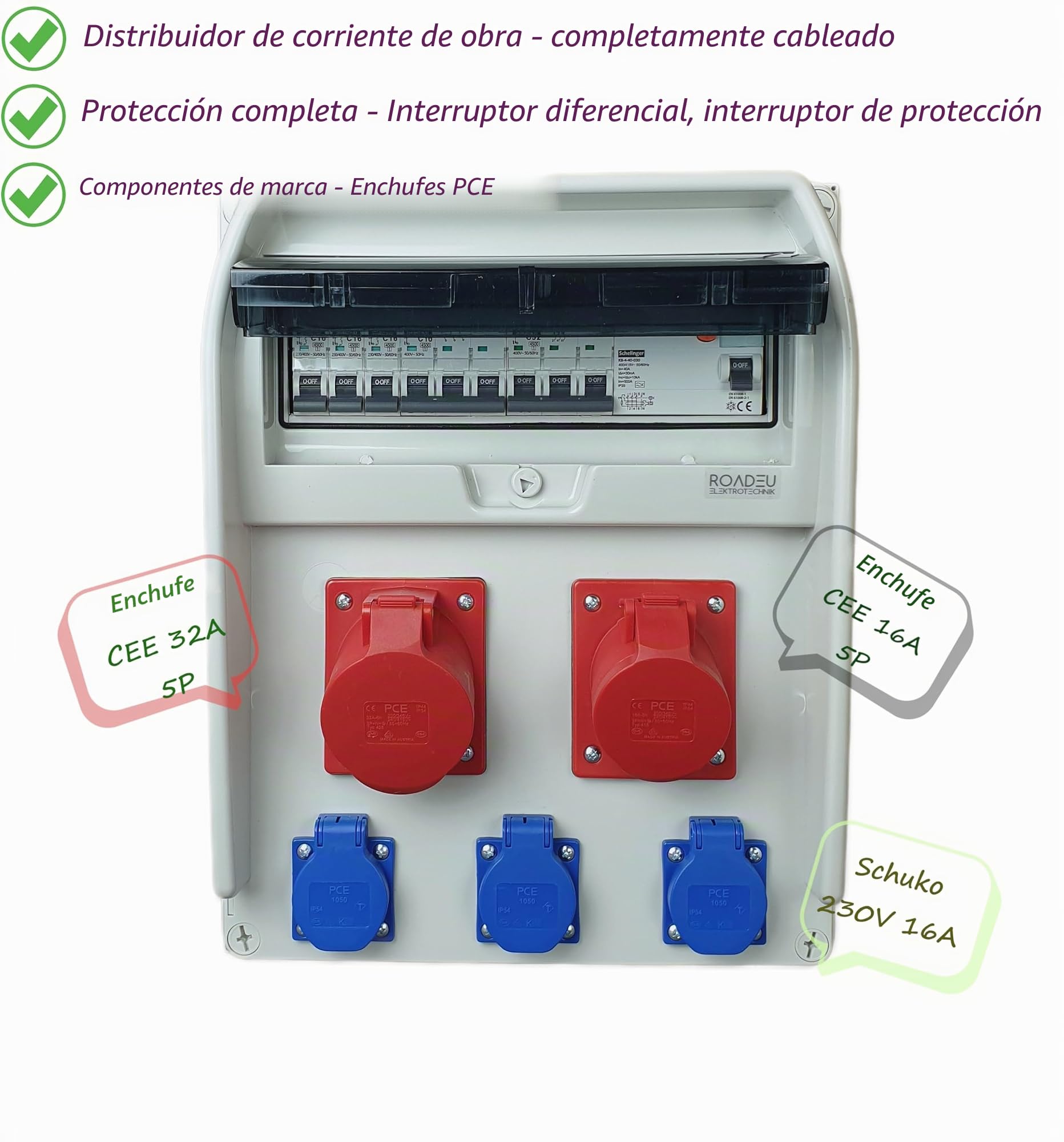 RoadEu - Caja de Distribución Eléctrica - Enchufe 32A y 16A con Schuko 230V - Distribuidor de corriente con interruptores automático y 1x diferencial. IP44 Ideal para Taller, Cobertizo y Fábricas