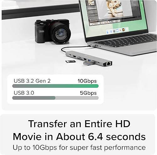 Miniatura 8 de Plugable Adaptador multipuerto USB C Hub: 9 en 1 con carga PD de 140 W, HDMI 4K 60Hz, transferencia de datos de 10 Gbps, Gigabit Ethernet, SD, para