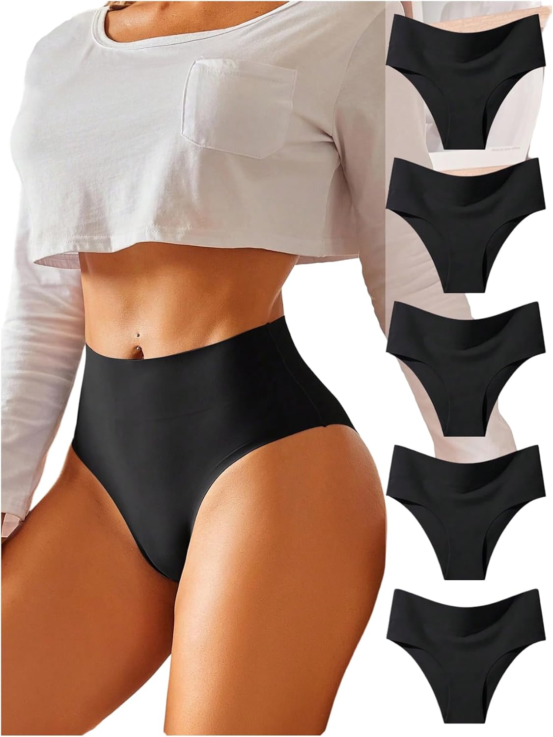 OYOANGLE Women's 5-Pack Seamless Underwear Sexy No Show Panties High Rise Moisture Wicking Breathable Underwear Briefs