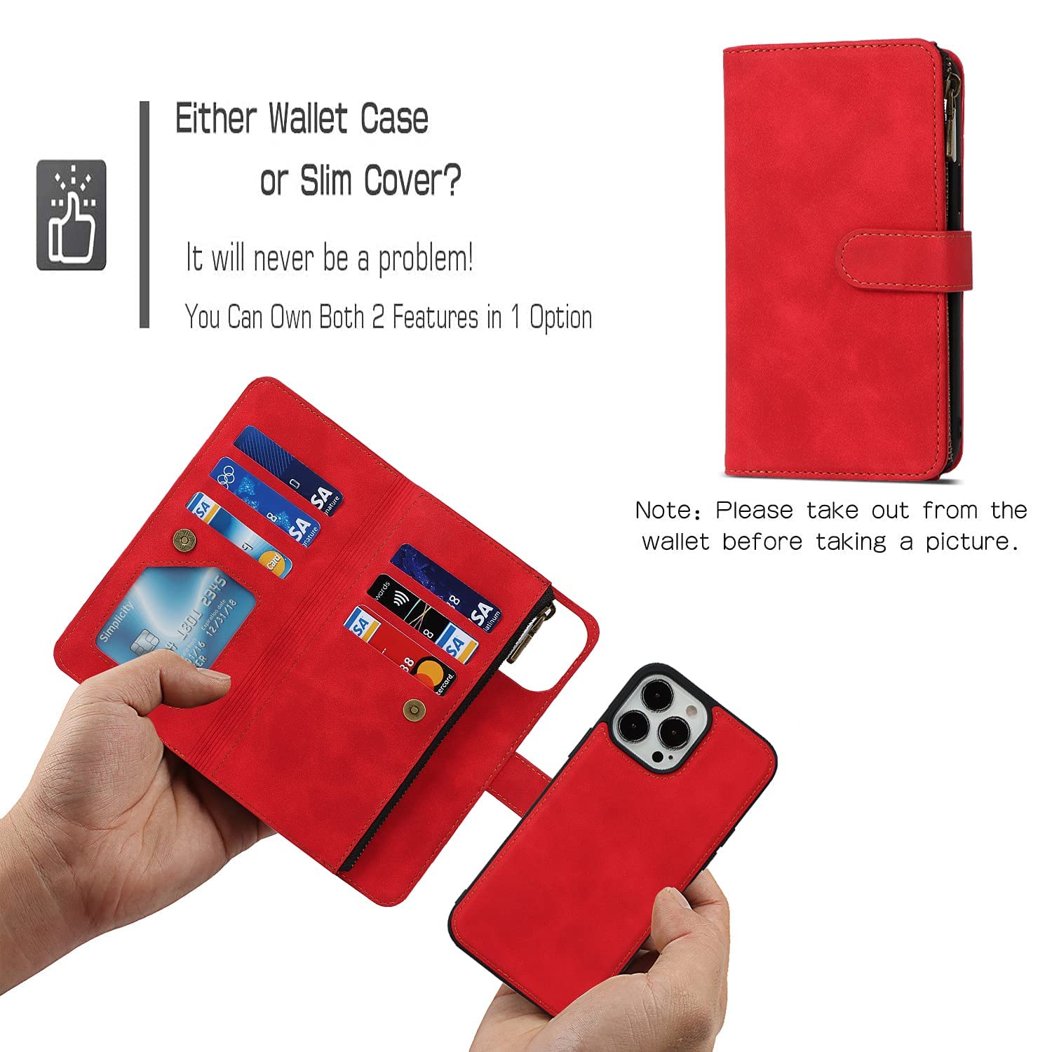 iCoverCase iPhone 13 Pro Wallet Case with Card Holder, 2 in 1 PU Leather Magnetic Clasp Zipper Pocket Shockproof Detachable Flip Wrist Strap, Red