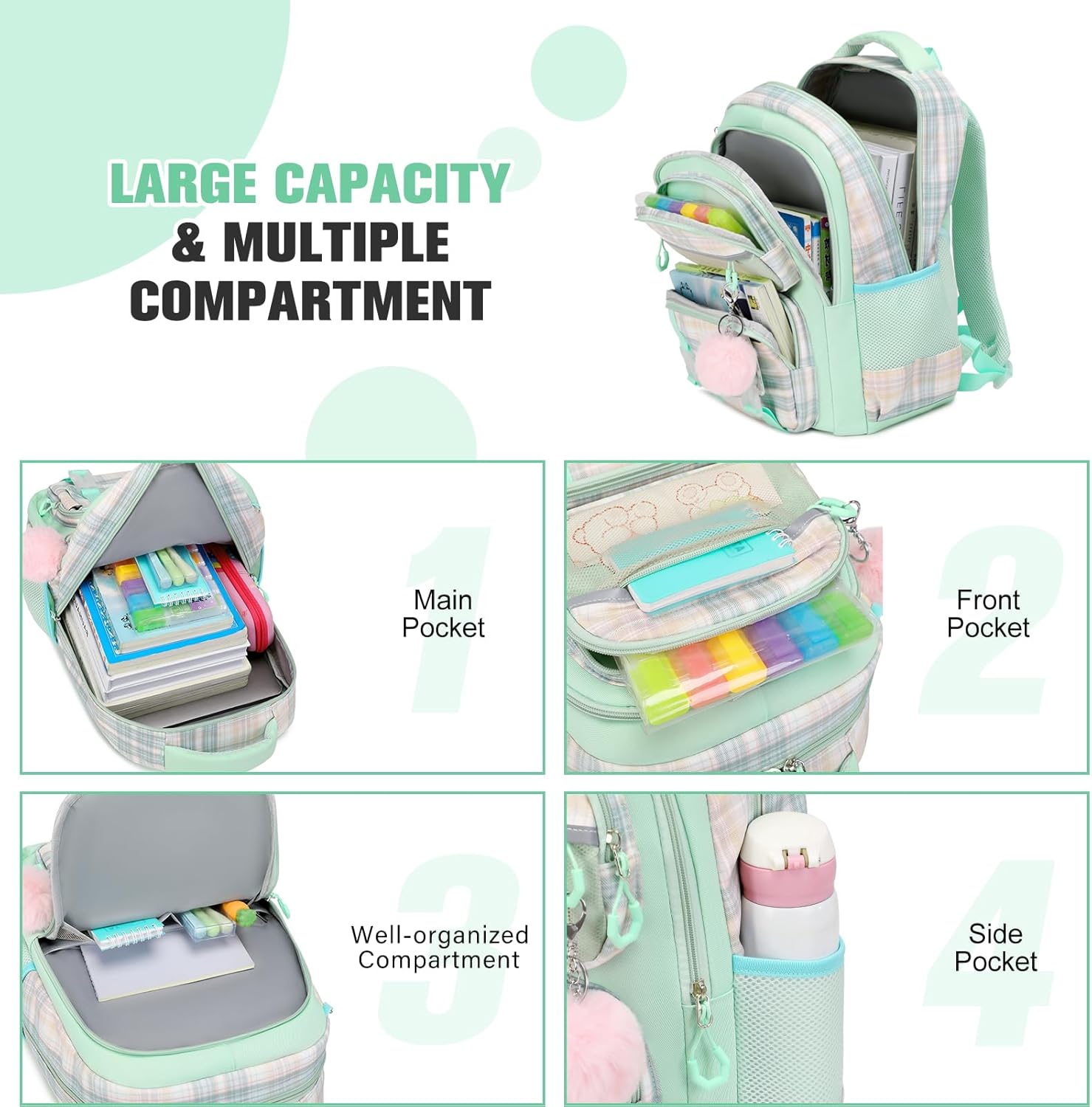 Bevalsa Kids Backpack for Girls with Insulated Water Bottle, Plaid Pink Bookbag Backpack for Girls Kid, 14oz Termos Kids Water Bottle Stainless Steel, Lunch Bag & Pencial Case, Back To School Gift