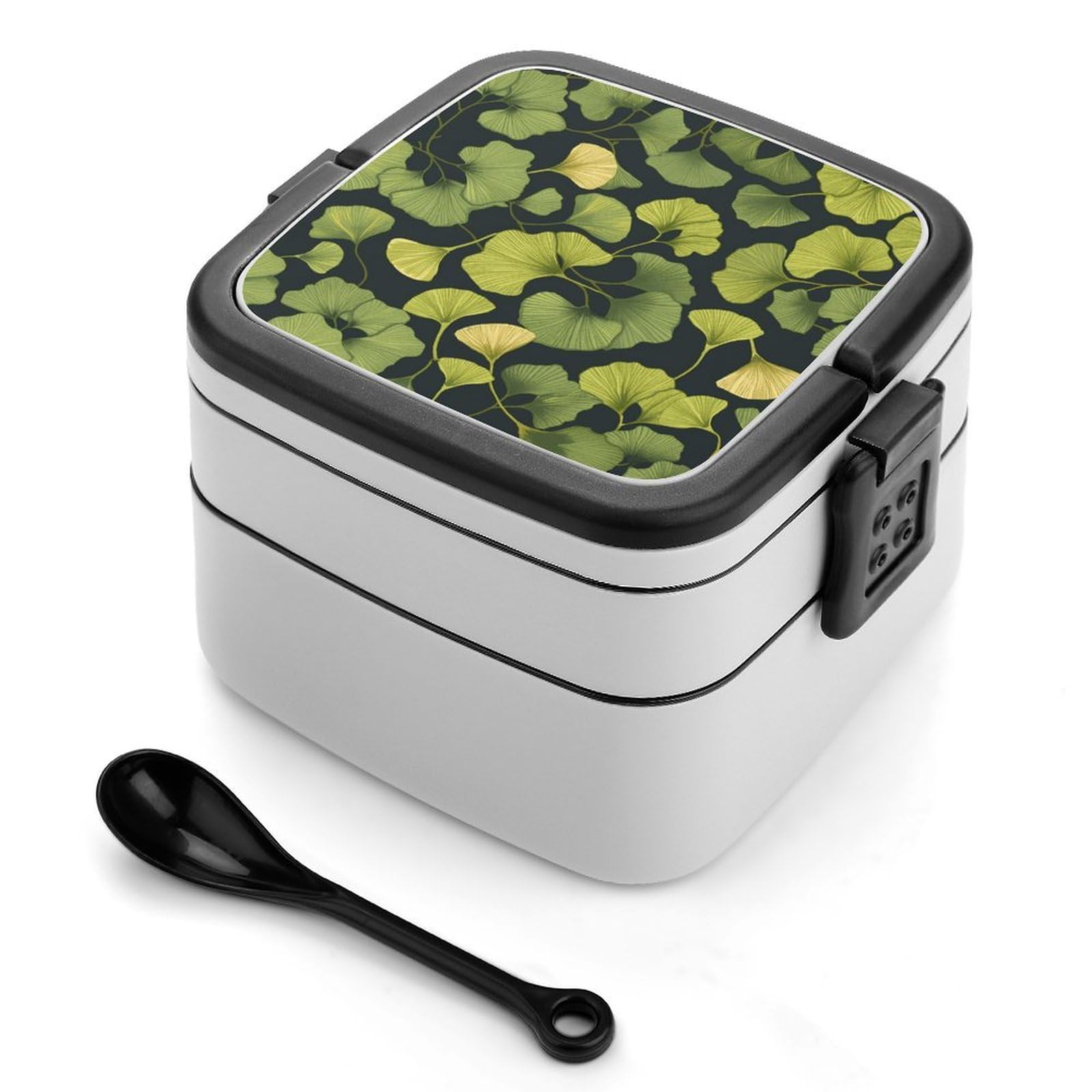VstaDank Ginkgo Biloba Bento Box with Compartments Portable Lunch Containers with Spoon Leak Proof Bento Lunch Box Snap-On Design Double-Layer Insulated Lunch Boxes for Work Camping