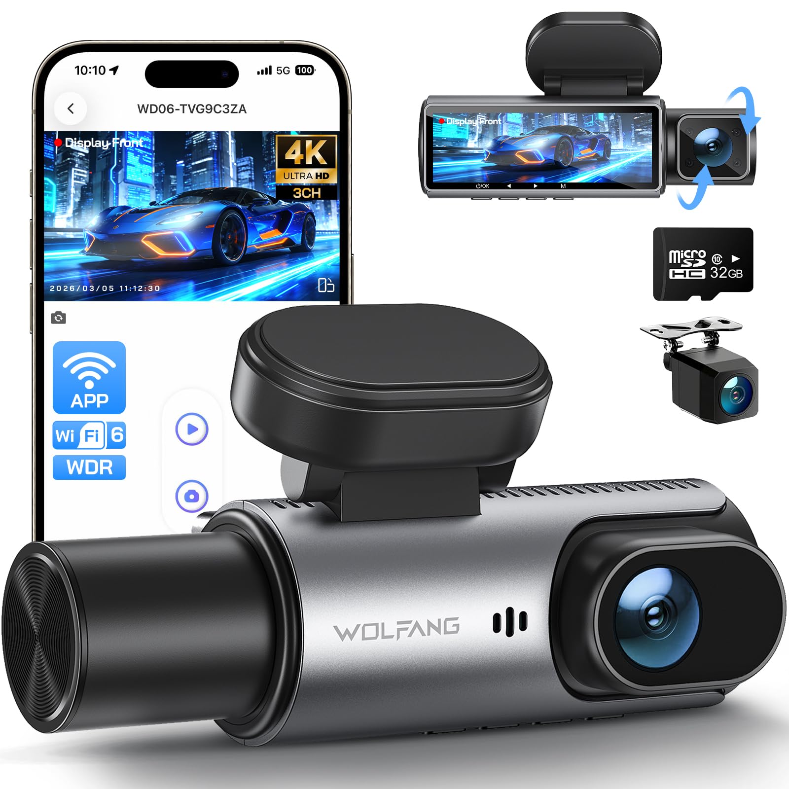 WOLFANG Kamera samochodowa 4K 3-kanałowa z matrycą 3,19" IPS, superwidocznością w nocy, nagrywaniem w pętli, czujnikiem G, szerokim kątem widzenia 170°, ochroną parkingową, sterowaniem przez aplikację