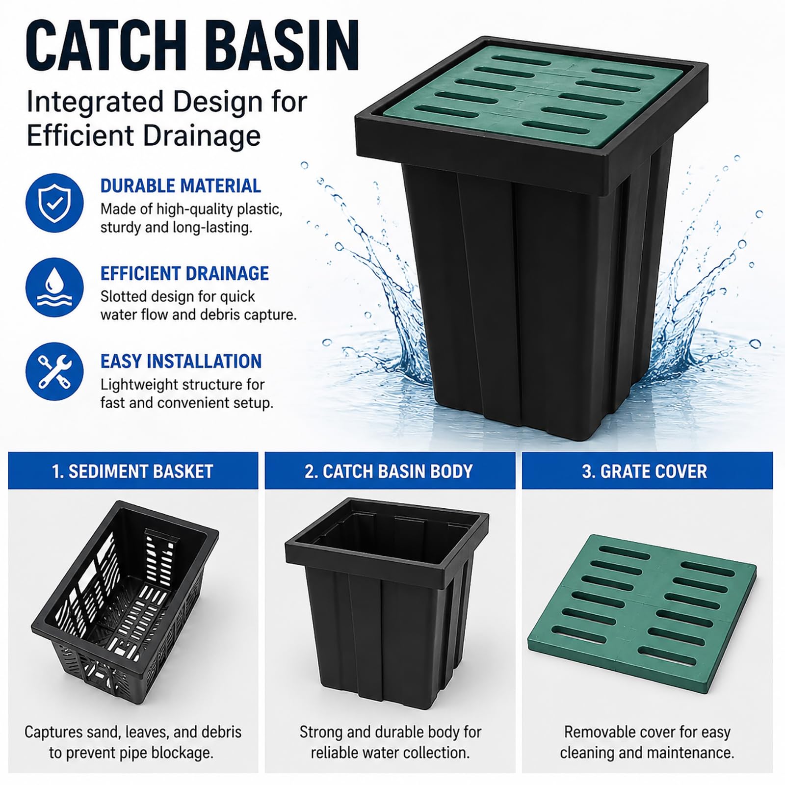 Lavabo grande para drenaje con rejilla de fibra de vidrio y cesta de escombros, lavabo cuadrado de captación de drenaje, sistema de drenaje de agua de lluvia de polietileno resistente para patio
