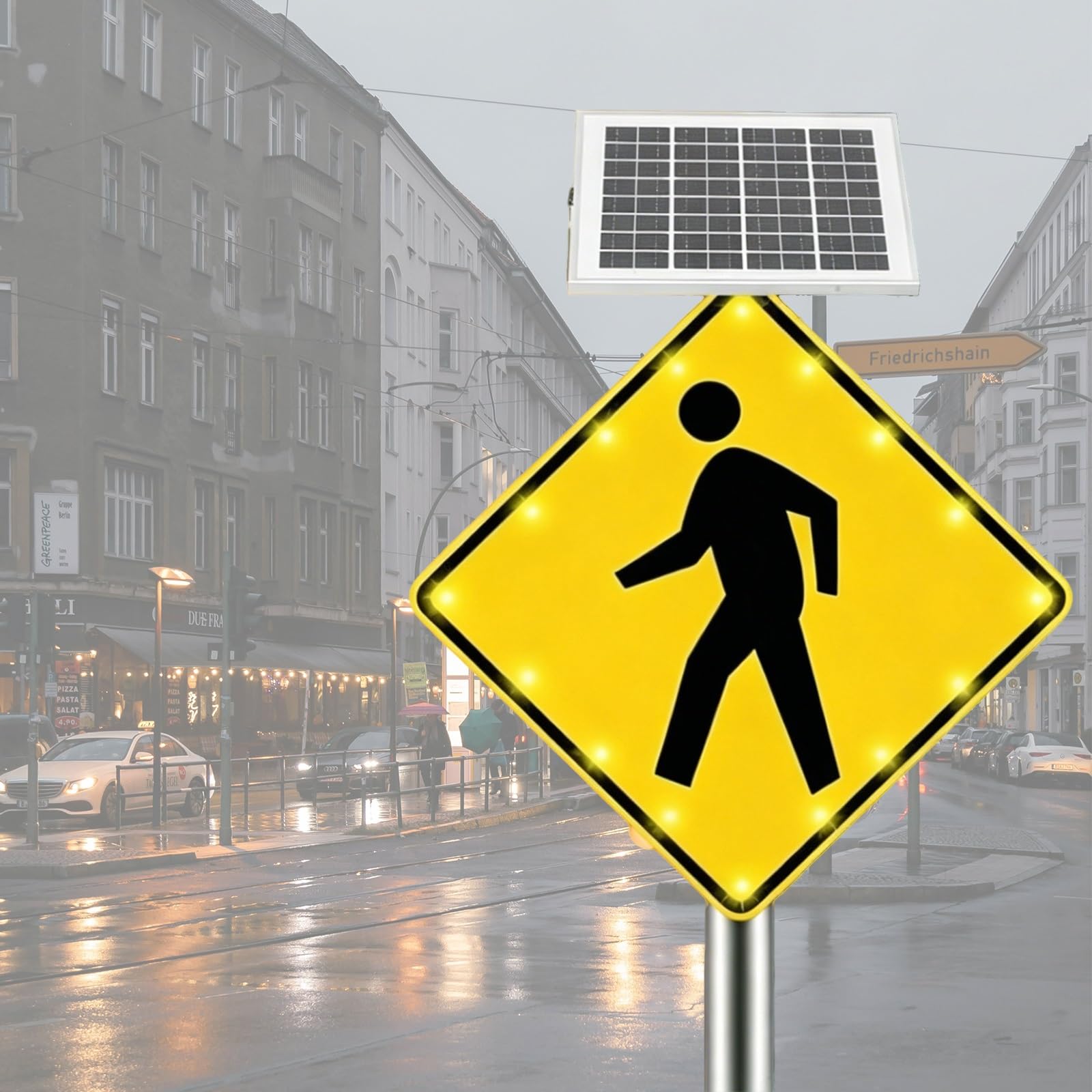 Solar-Powered Road Signs, LED Pedestrian Crossing Warning Sign, Aluminum Materials, Sturdy Metal Frame, IP65 Rating, Blinking LED for Crosswalks Parking Lots(30")