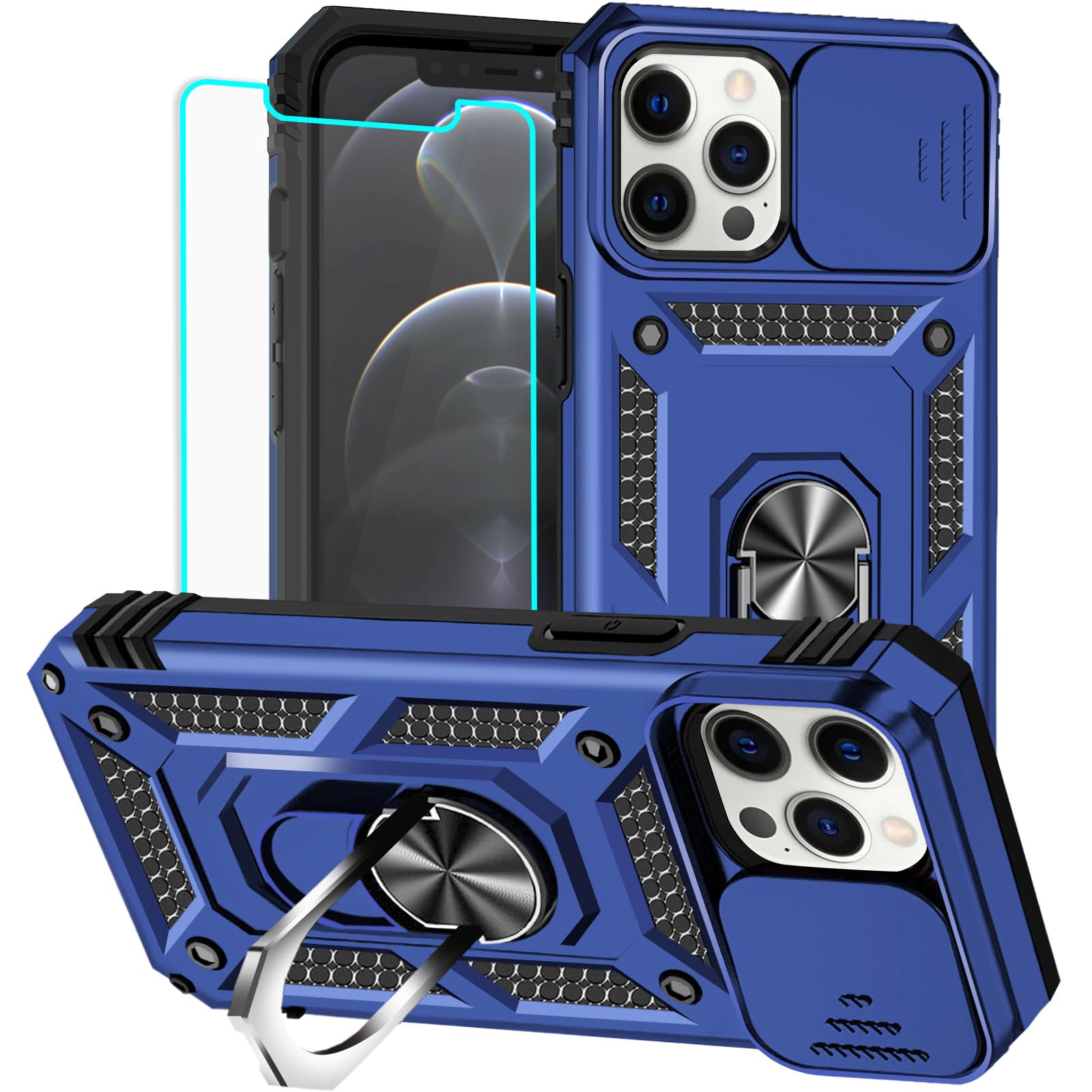 HNHYGETE for iPhone 12 Pro Max Case with Screen Protector: [Military Grade 20ft. Drop Tested] Slide Camera Cover Ring Shockproof Protective Phone Case for - iPhone 12 Pro Max (Blue)