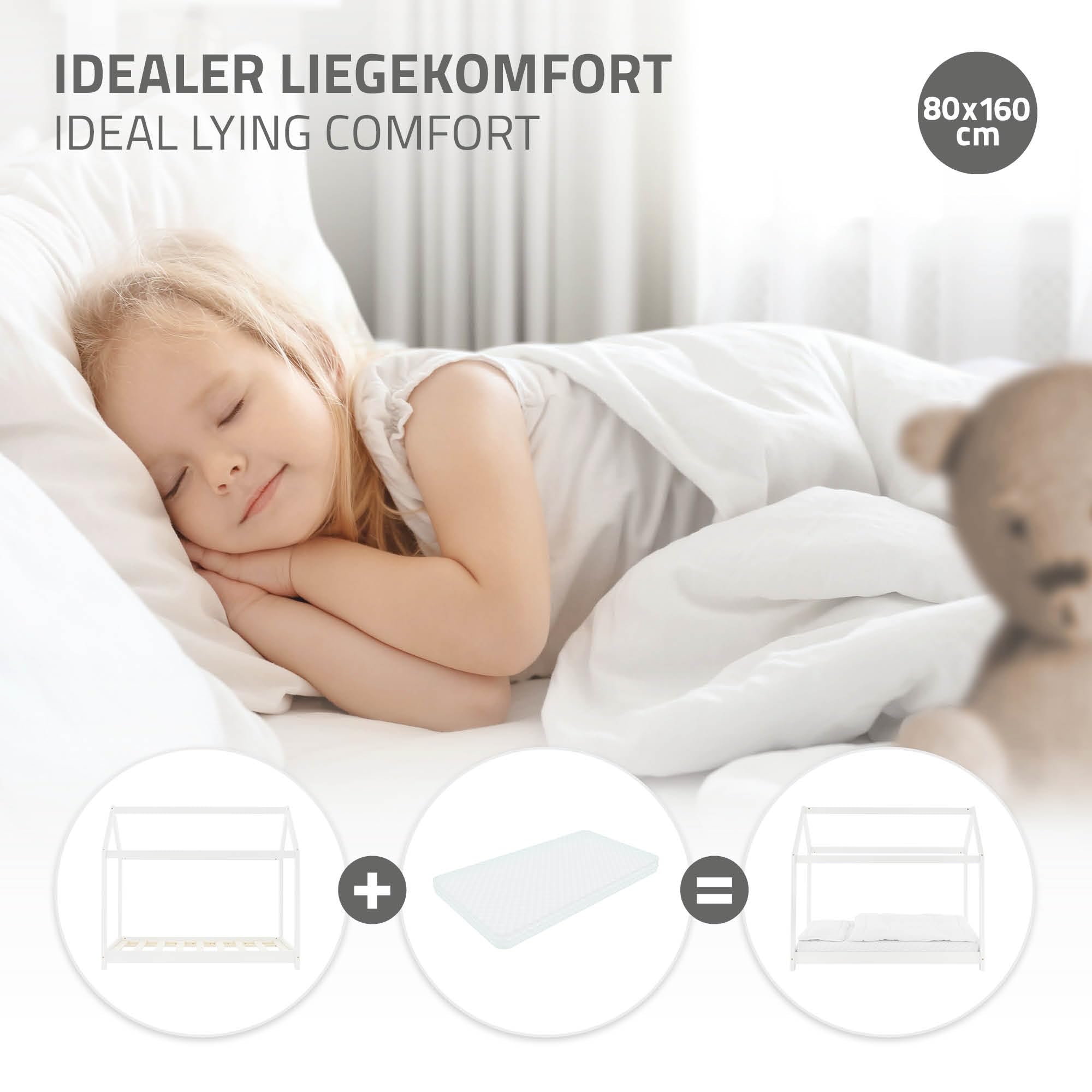 ML-Design Letto a Casetta per Bambini 80 x 160 cm Bianco, in Legno di Pino Massiccio, Forma di Casa con Tetto e Rete a Doghe, Lettino a Terra Stile Montessori per Cameretta dei Ragazzi