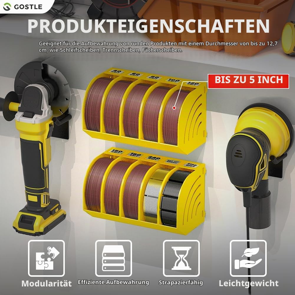 125mm Schleifscheiben Aufbewahrungsbox – Set aus 6 Boxen, Gelb, Platzsparend, Stapelbar, mit Körnungs-Kategorisierung für Werkstatt und Exzenterschleifer Zubehör Baumarkt