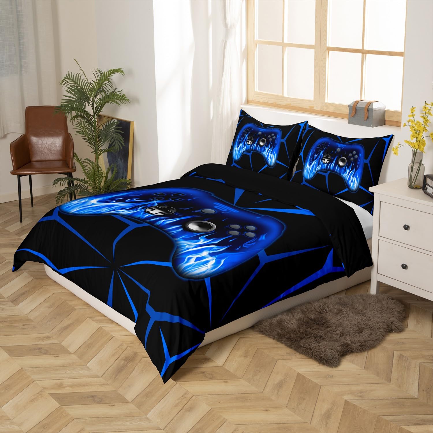 Homemissing Kids Gamer Duvet Cover Set,Gaming Bedding Set Single Size for Boys Girls,3D Geometric Video Game Console Comforter Cover,Blue and Black Game Contoller Bedclothes - Image 3