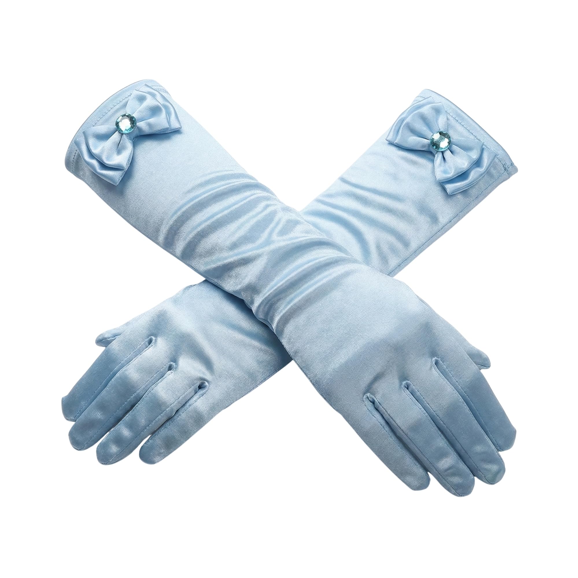 This Trendy Swan Girls Long Satin Gloves with Bowknot, Princess Dress Gloves for Wedding, Communion, Birthday, Party, Prom, Pageant (Blue)