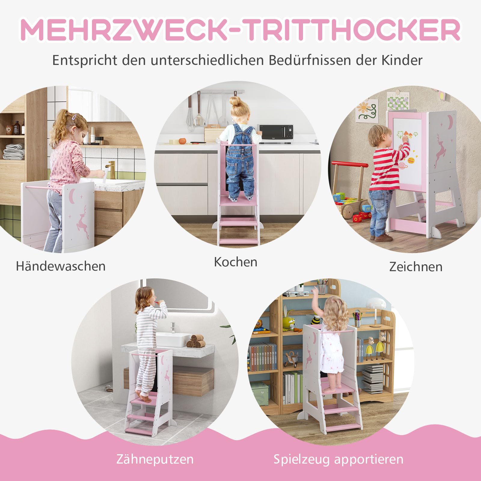 GOPLUS Lernturm Kinder, Mehrzweck-Tritthocker aus Holz mit 3 verstellbare Höhen, Lernstuhl Baby mit Whiteboard, Tafel, 3 Stiften, für Kinder ab 1 Jahren, 37 x 50 x 87 cm (Rosa)