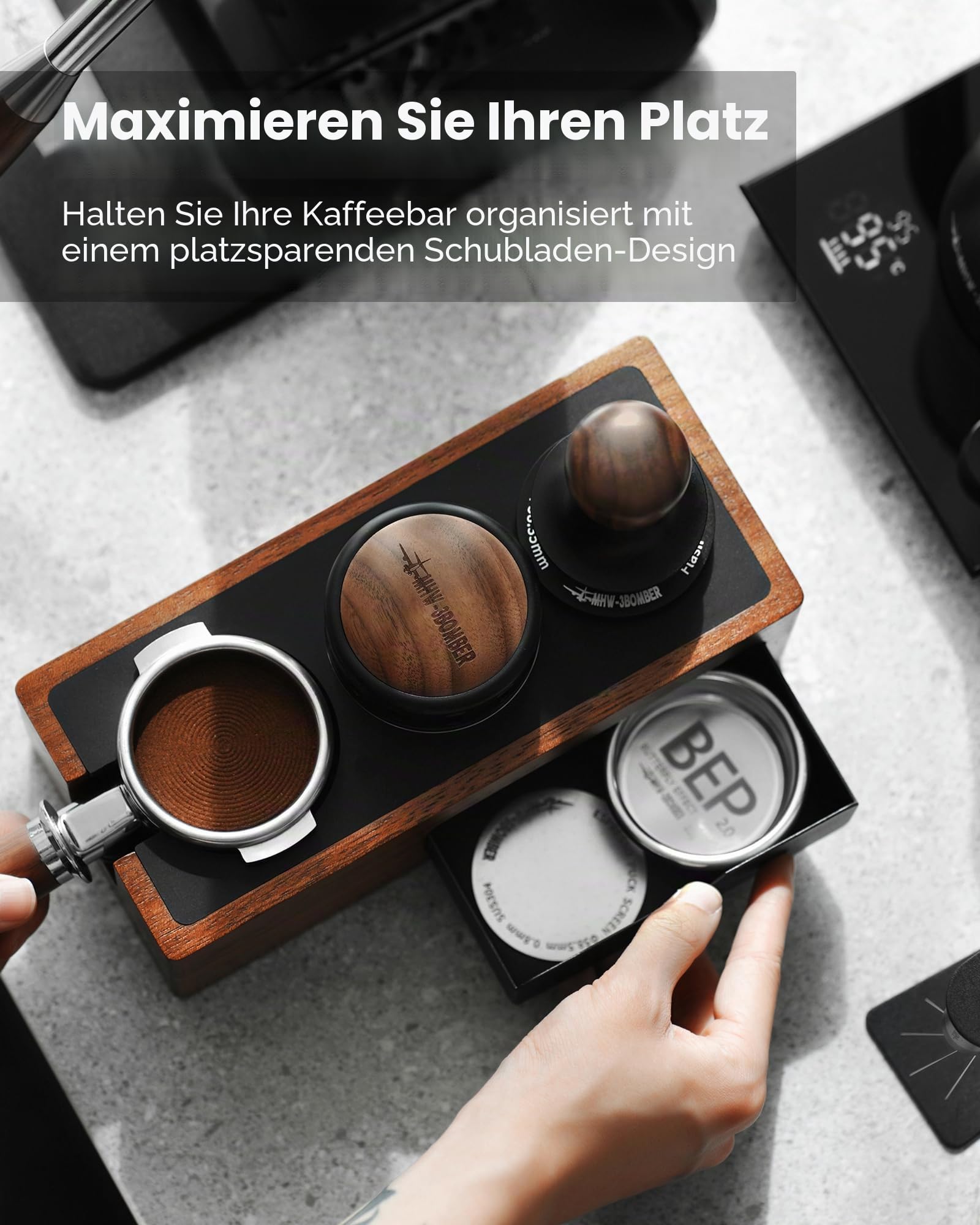 MHW-3BOMBER Espresso-Tampingstation, 4-in-1, Walnuss-Espresso-Organizer-Box mit magnetischer Schublade zur Aufbewahrung, 51–58 mm, Espresso-Stampfer, Verteiler, Siebträger und Espresso-Zubehör, CH6718