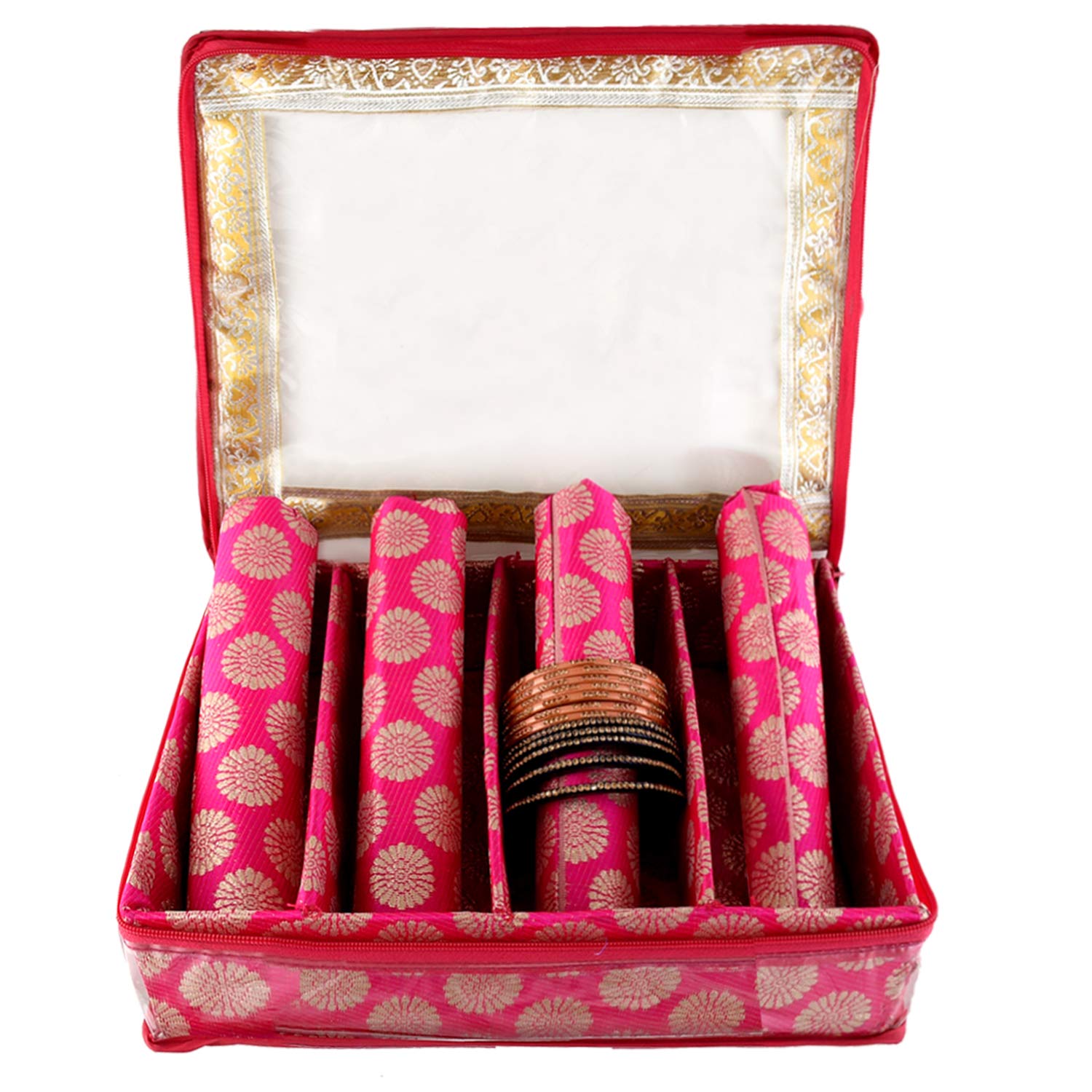 Kuber Industries Carry Design Brocade Hardboard Four Rod Bangle Box (Pink) -CTKTC38798