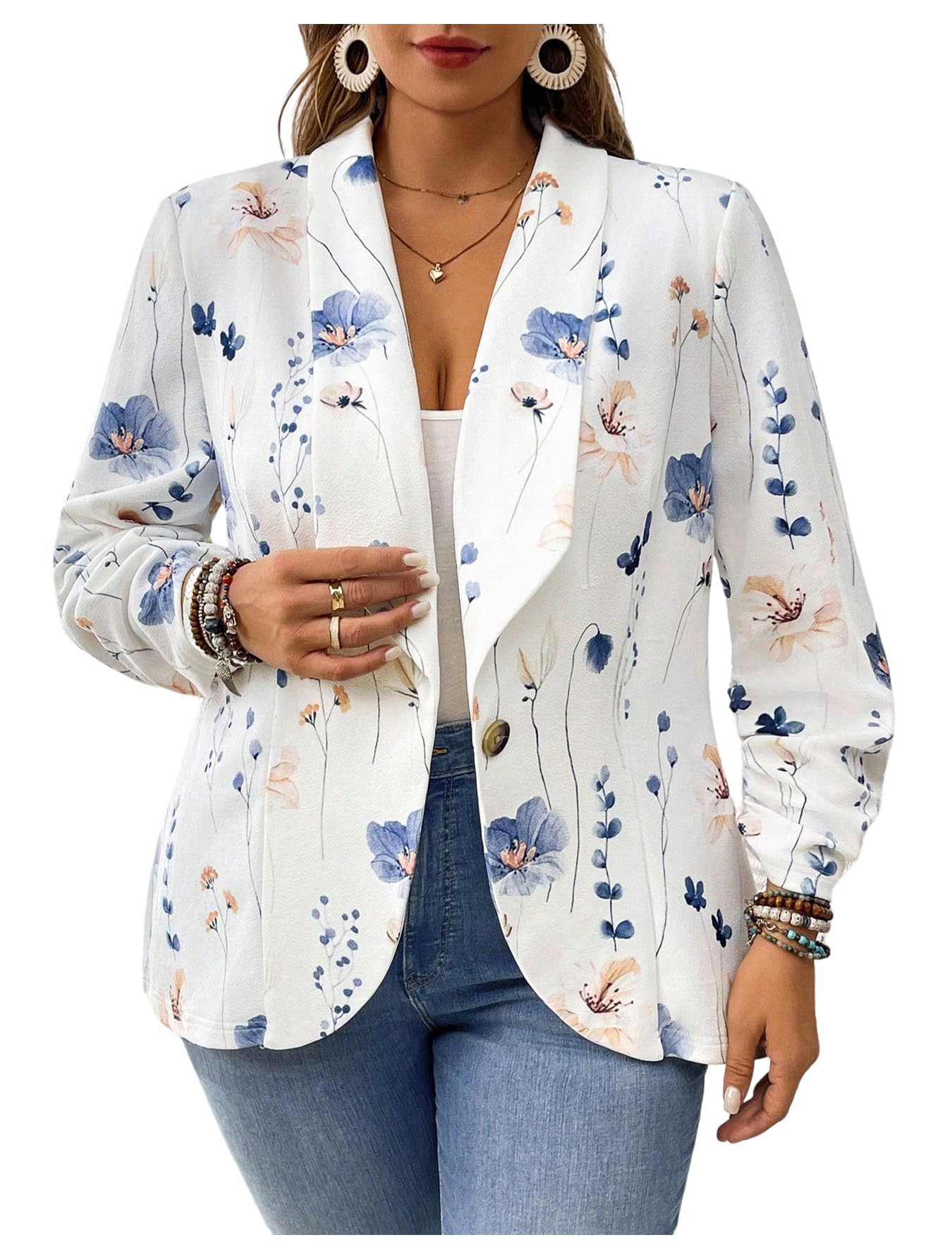 Floerns Womens Plus Size Floral Blazer Shawl Neck Long Sleeve Business Suit Jacket