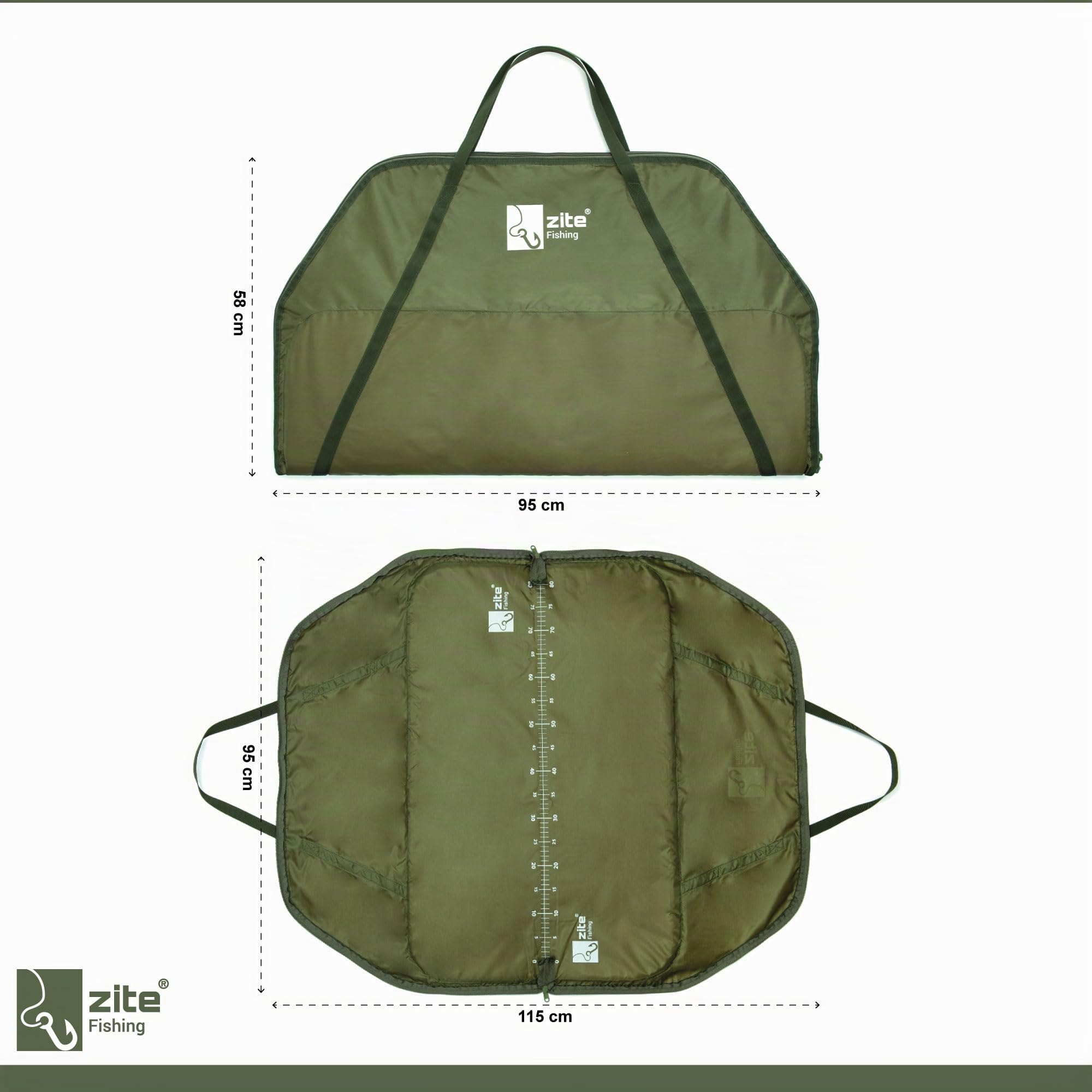 Zite Tapis de Pêche à la Carpe Avec Mètre Ruban et Boucle de Pesée - Poignées de Transport et Fermeture Éclair - Weigh Sling 95 x 115 cm - Sac de Pesée