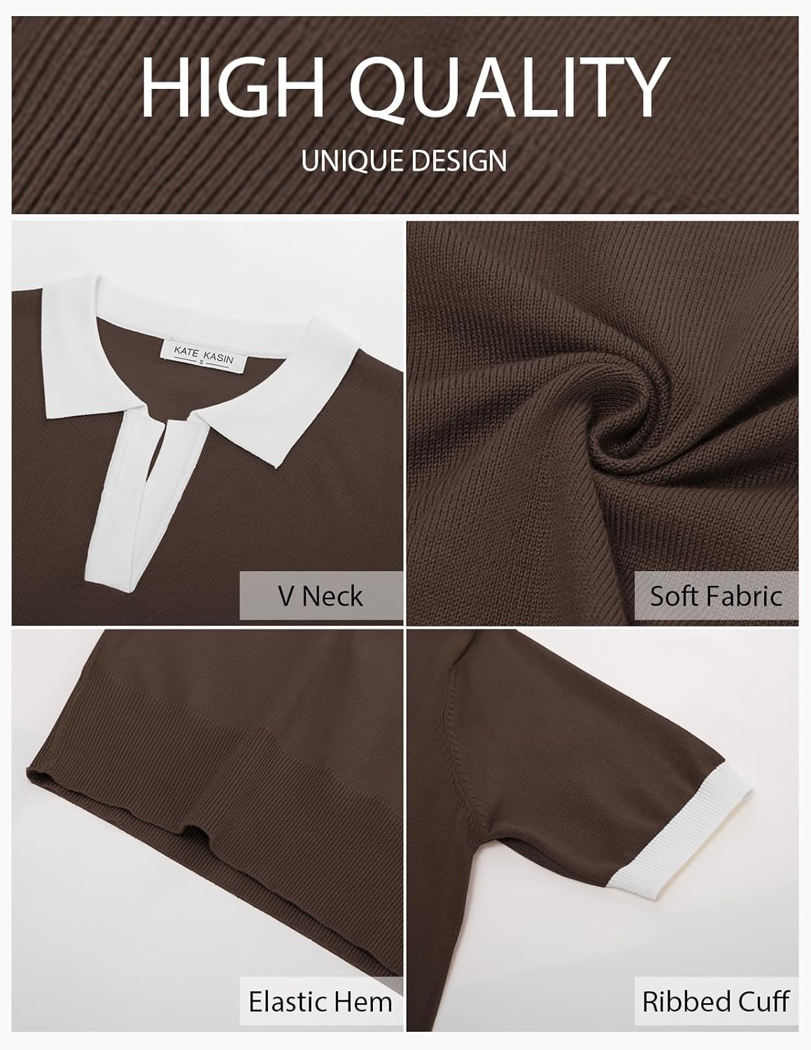 Kate Kasin Women Short Sleeve Polo Sweater V Neck Knitted Tops Casual Ribbed Shirt Loose Pullover Sweater - Image 4