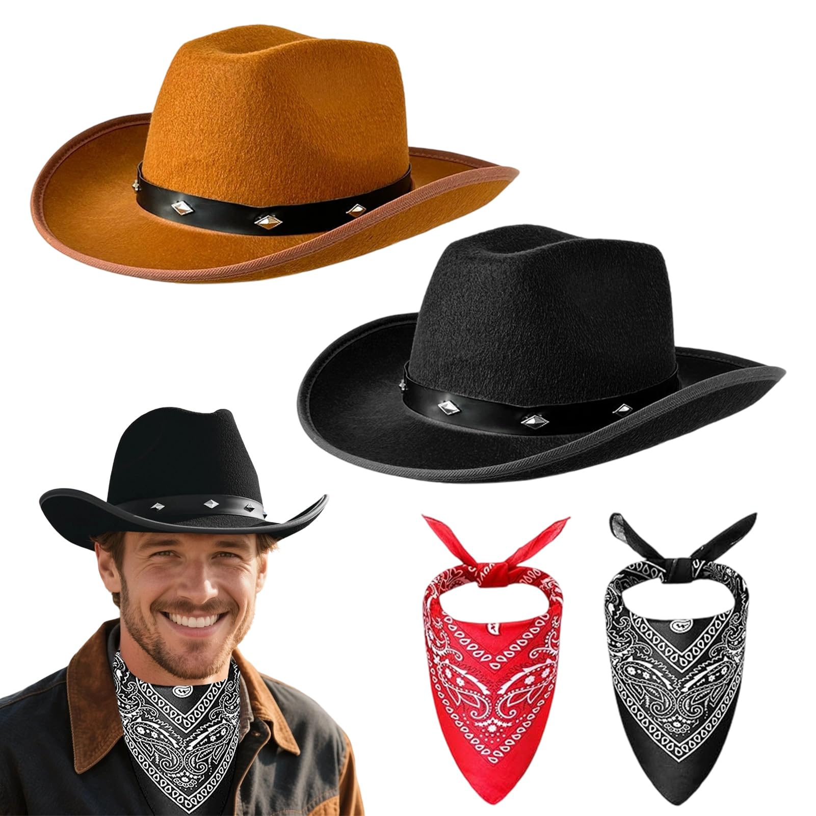 Meriviva Cowboy Hats for Men Women 4Pcs Black and Brown Cowboy Hat with Bandana Accessories Set