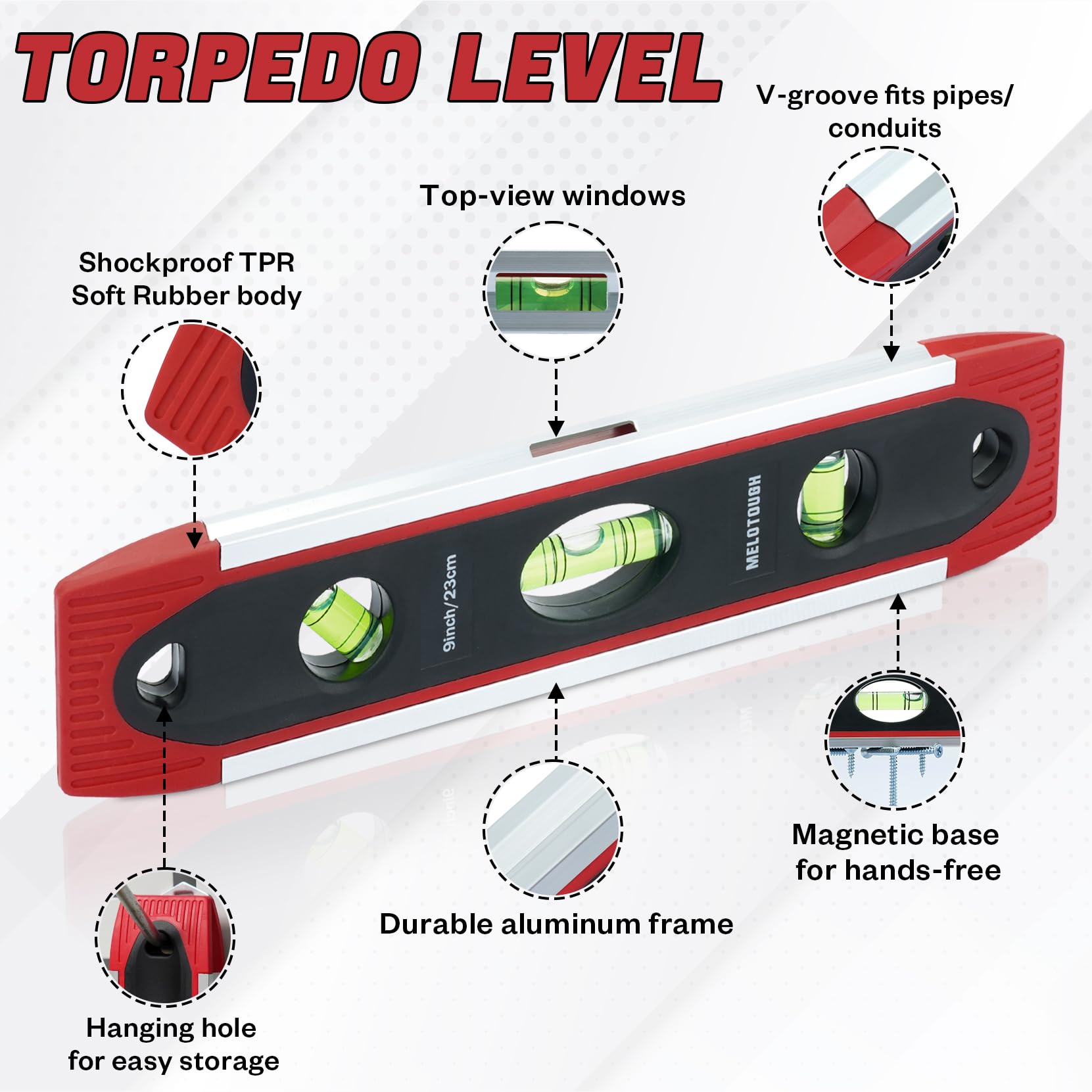 MELOTOUGH 9" Torpedo Level - Magnetic & Shock Resistant -5