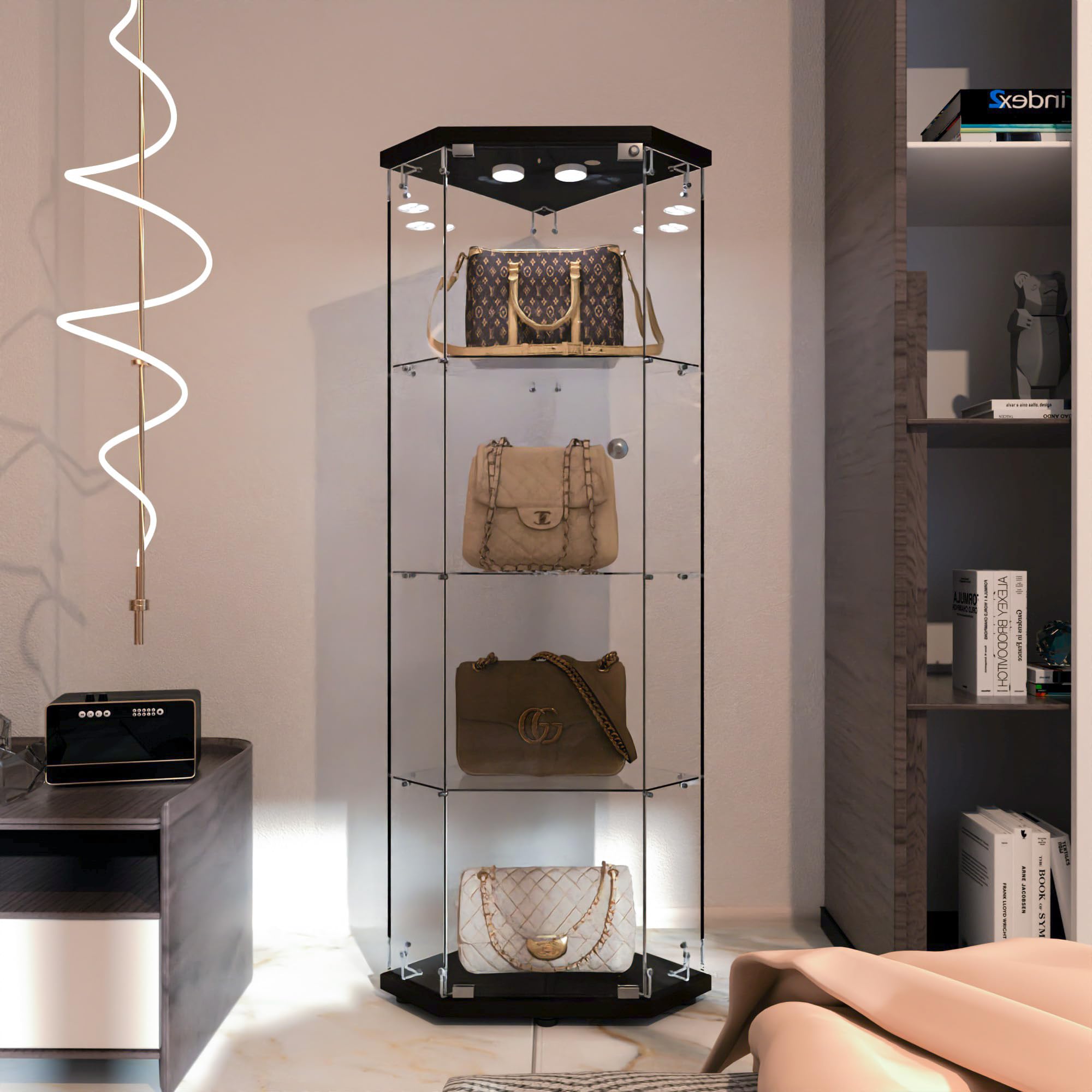LFT HUIMEI2Y 4-Tier Glass Corner Cabinet with LED&amp;Lock, Display Case Black