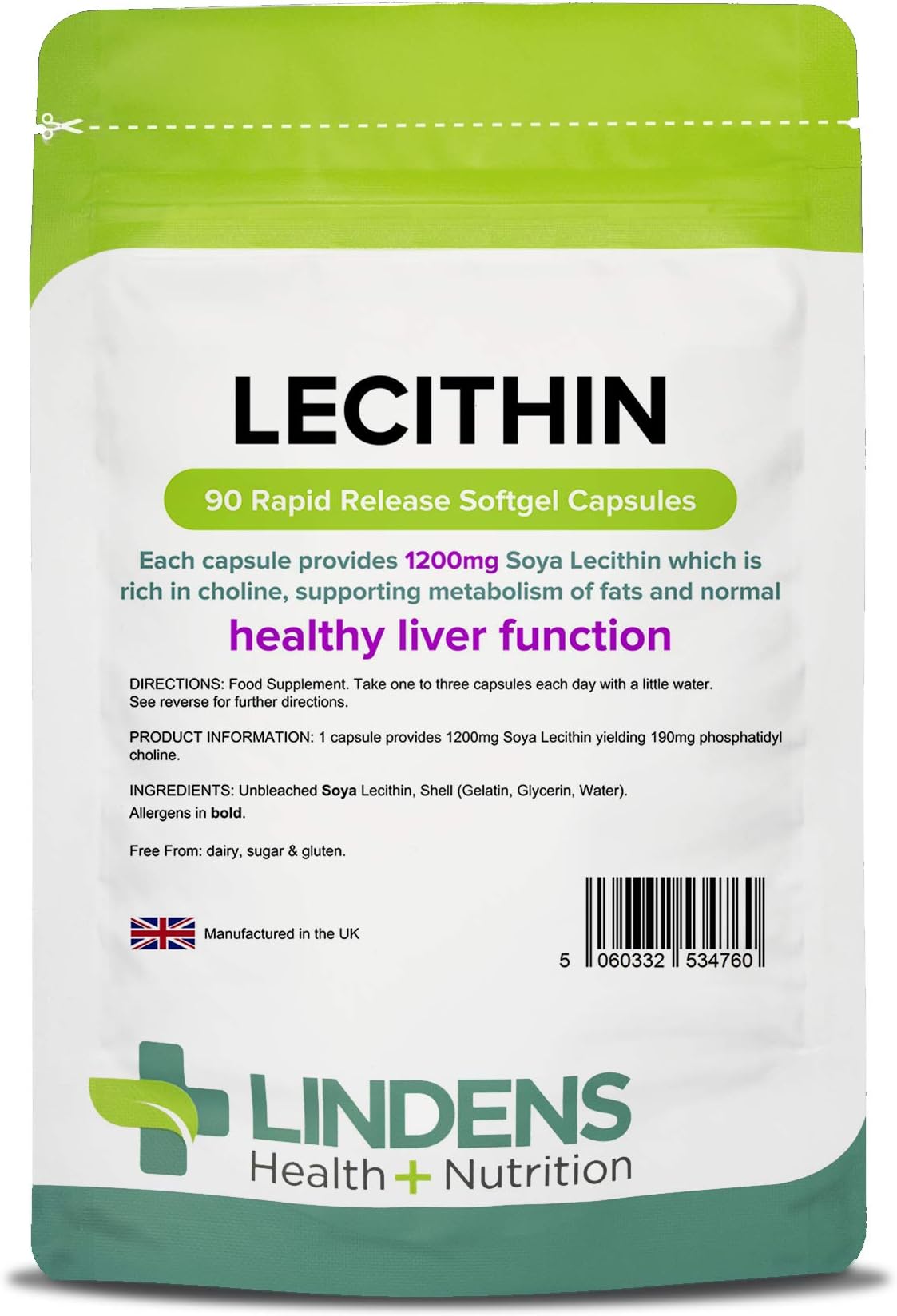 Lindens Lecithin 1200mg Capsules | 90 Pack | Rich Source of Choline contributes to Normal Liver Function