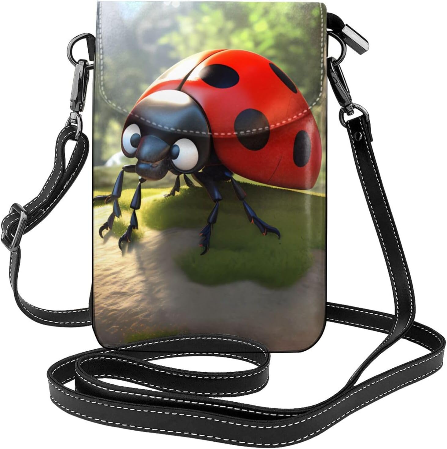 Small Cell Phone Purse 7.6x4.9in MSRHIUEF Cartoon Red Ladybug Printed Fashionable, Practical, Multifunctional Leather Crossbody Flap Phone Case for Women