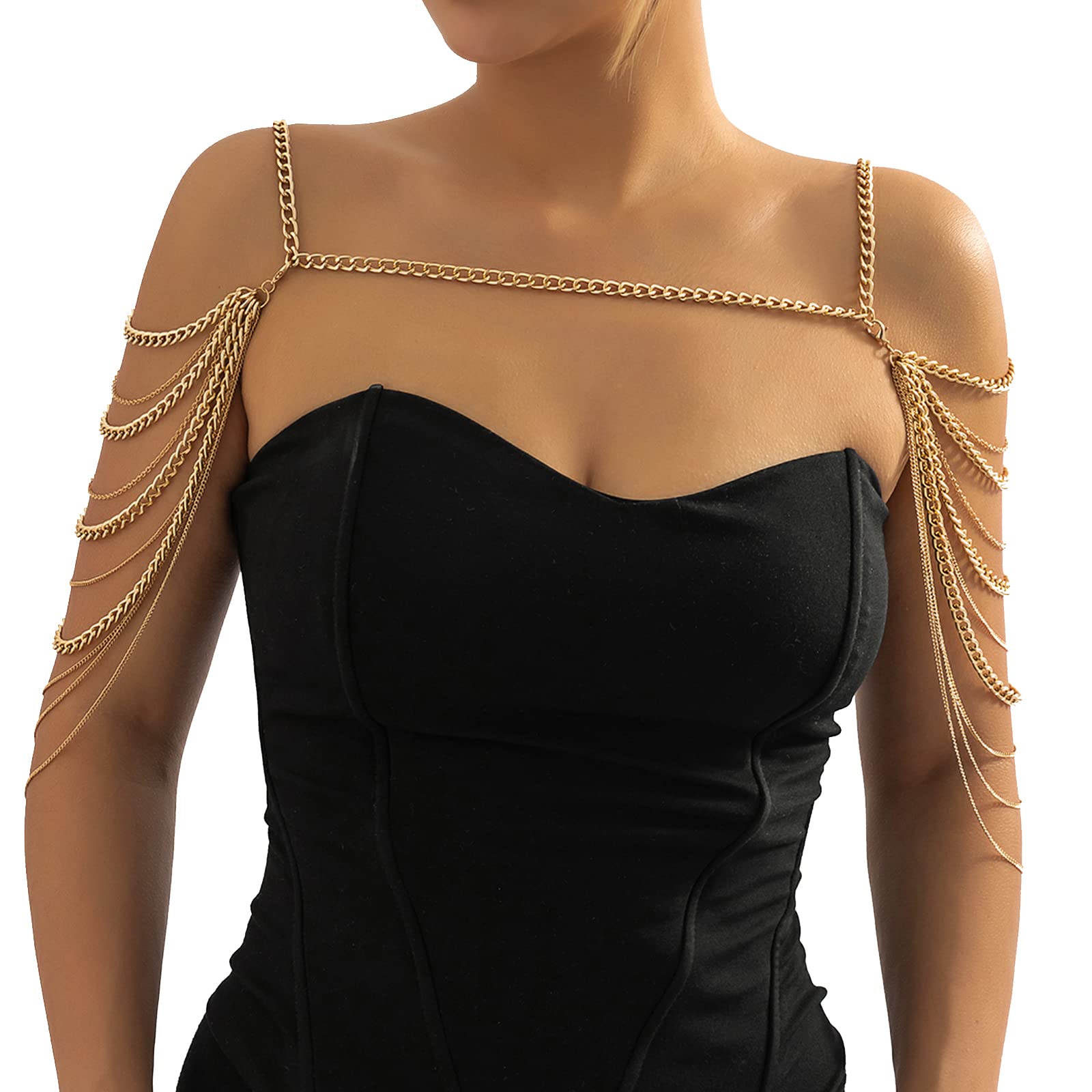 1 Pcs Premium Summer Beach Punk Shoulder Body Chain Multi-Layered Back Chain Bikini Metal Tassel Arm Chain Statement Bridal Wedding Backdrop Necklace Body Chain Jewelry for Women GOLD