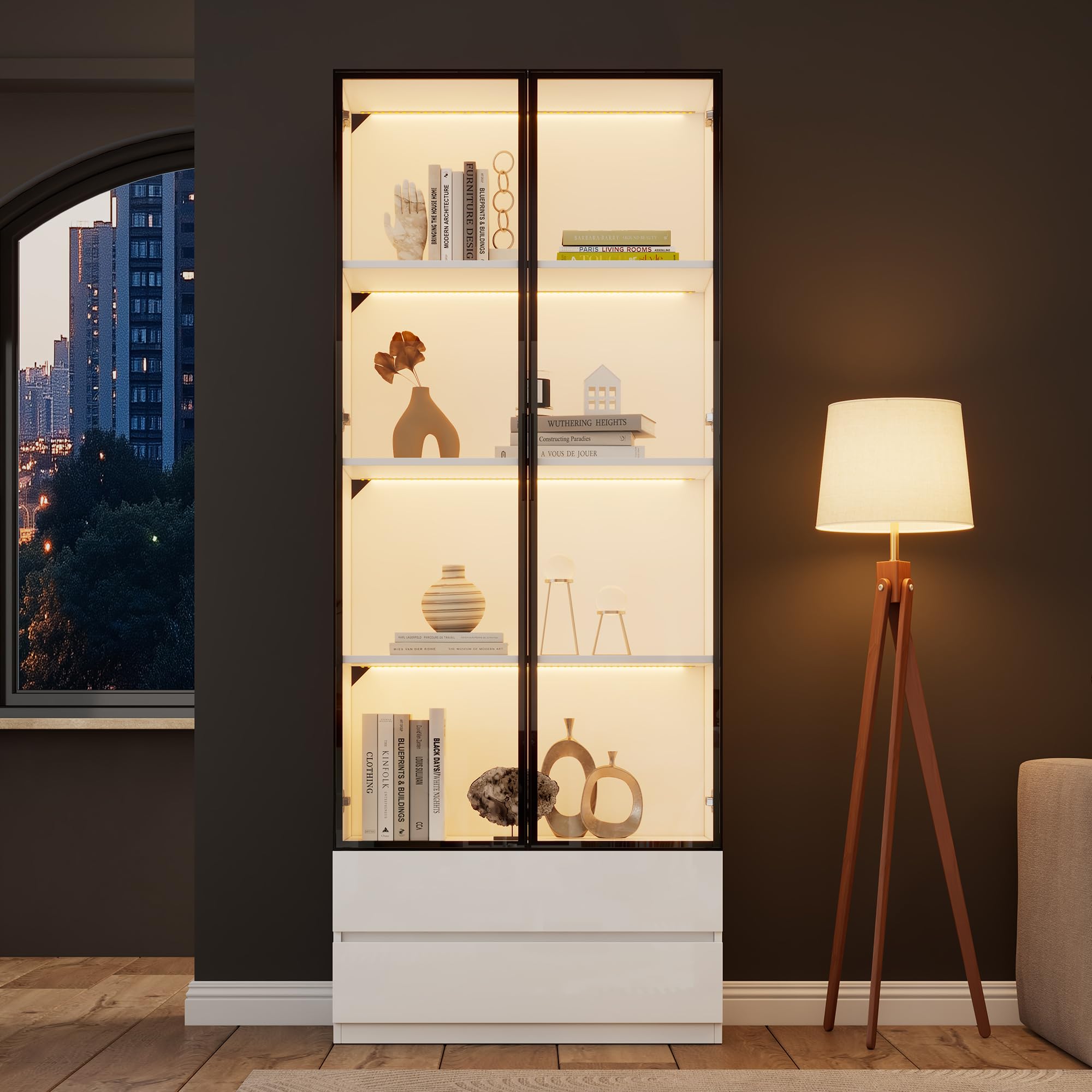 LAKFEW Vitrina con LED y Almacenaje, Vitrina Cristal con 2 Cajones y 2 Puertas de Cristal, Vitrina Expositora Mueble Salon para Despacho, Vitrinas para Salon, 80x34x200 cm, Blanco