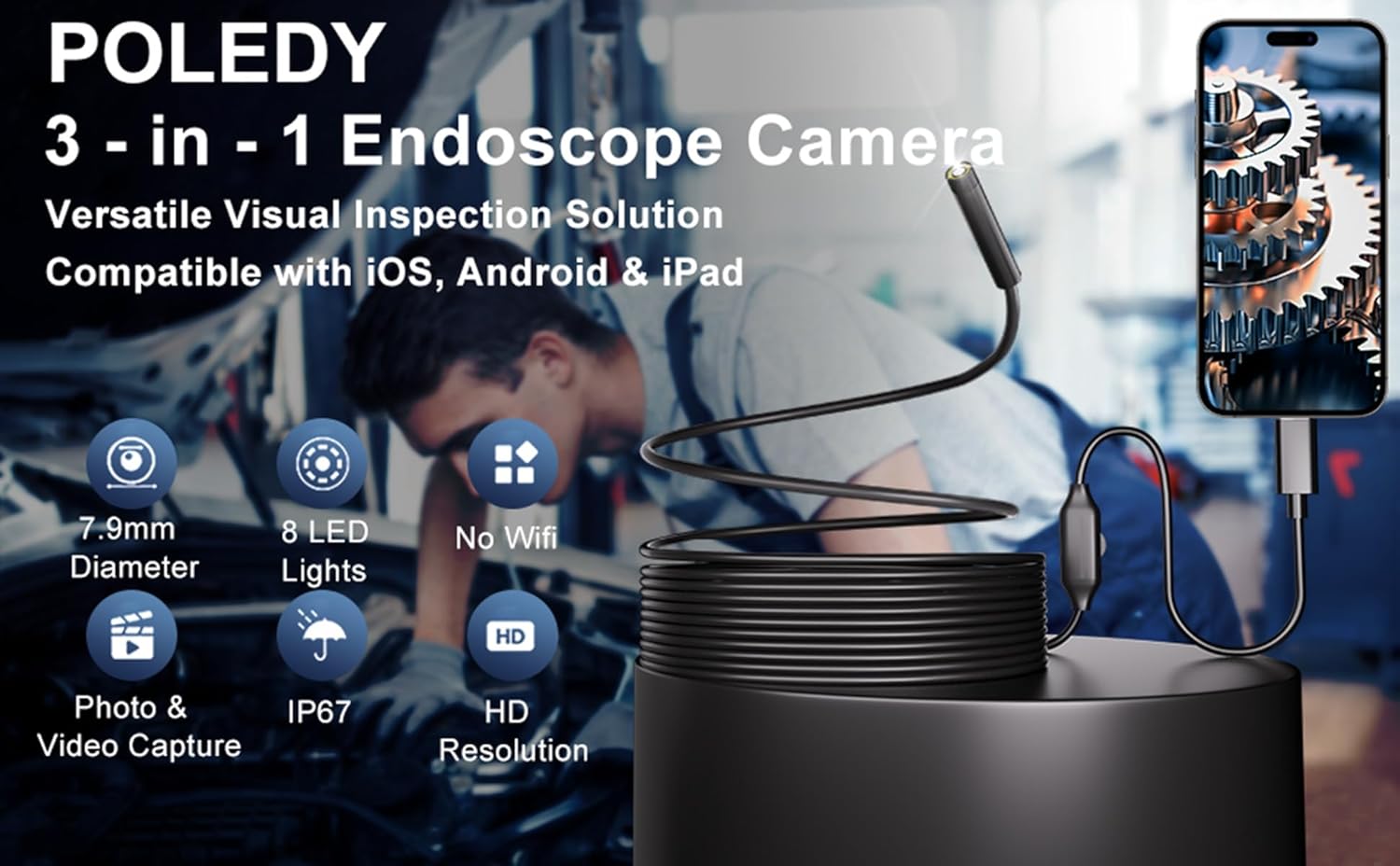 Endoscope Camera with Light, 1920P HD Borescope, 8 Adjustable LED Light, IP67 Waterproof 16.4ft Snake Camera, Semi-Rigid Cable Inspection for Android, iOS - Image 6