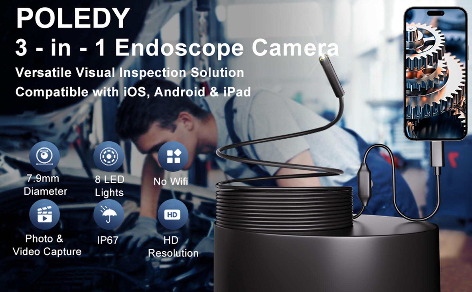 Cámara endoscópica con luz, boroscopio HD 1920P, 8 luces LED ajustables, IP67 impermeable 16.4 pies, inspección de cable semirrígido para Android, iOS